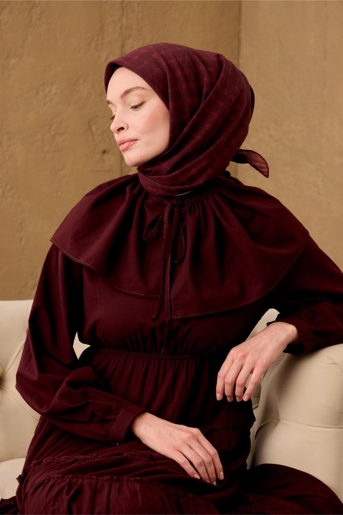 Pamuk-Flos Eşarp Bordo-Kiremit Bordo Desenli Tok Duruşlu 90x90