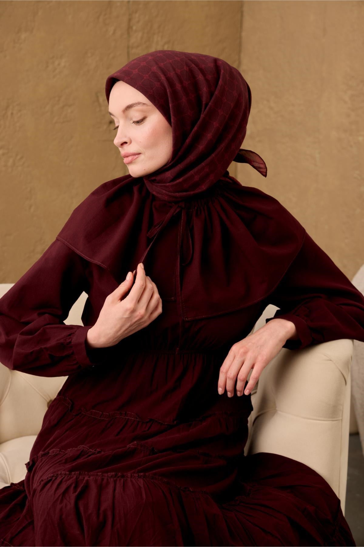 Pamuk-Flos Eşarp Bordo-Kiremit Bordo Desenli Tok Duruşlu 90x90