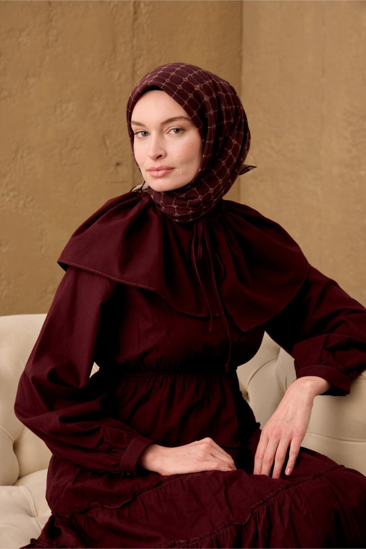 Pamuk-Flos Eşarp Kahve Bordo-Vizon Desenli Tok Duruşlu 90x90