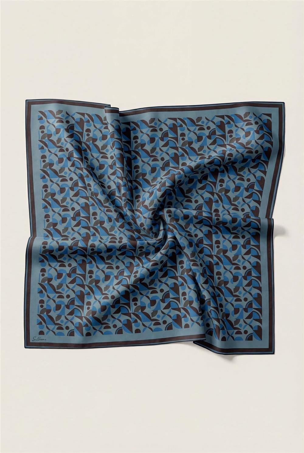 Pamuk Karışımlı Eşarp Bebe Mavi Retro Geometrik Desenli Soft Dokulu Kaymaz 90x90