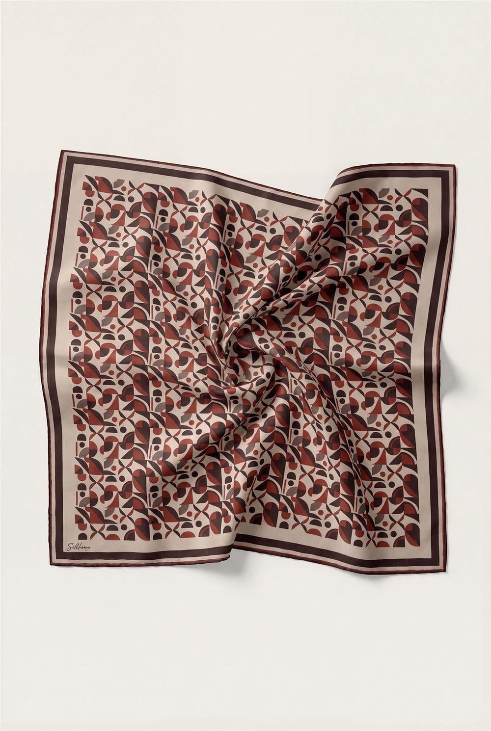 Pamuk Karışımlı Eşarp Bej Retro Geometrik Desenli Soft Dokulu Kaymaz 90x90