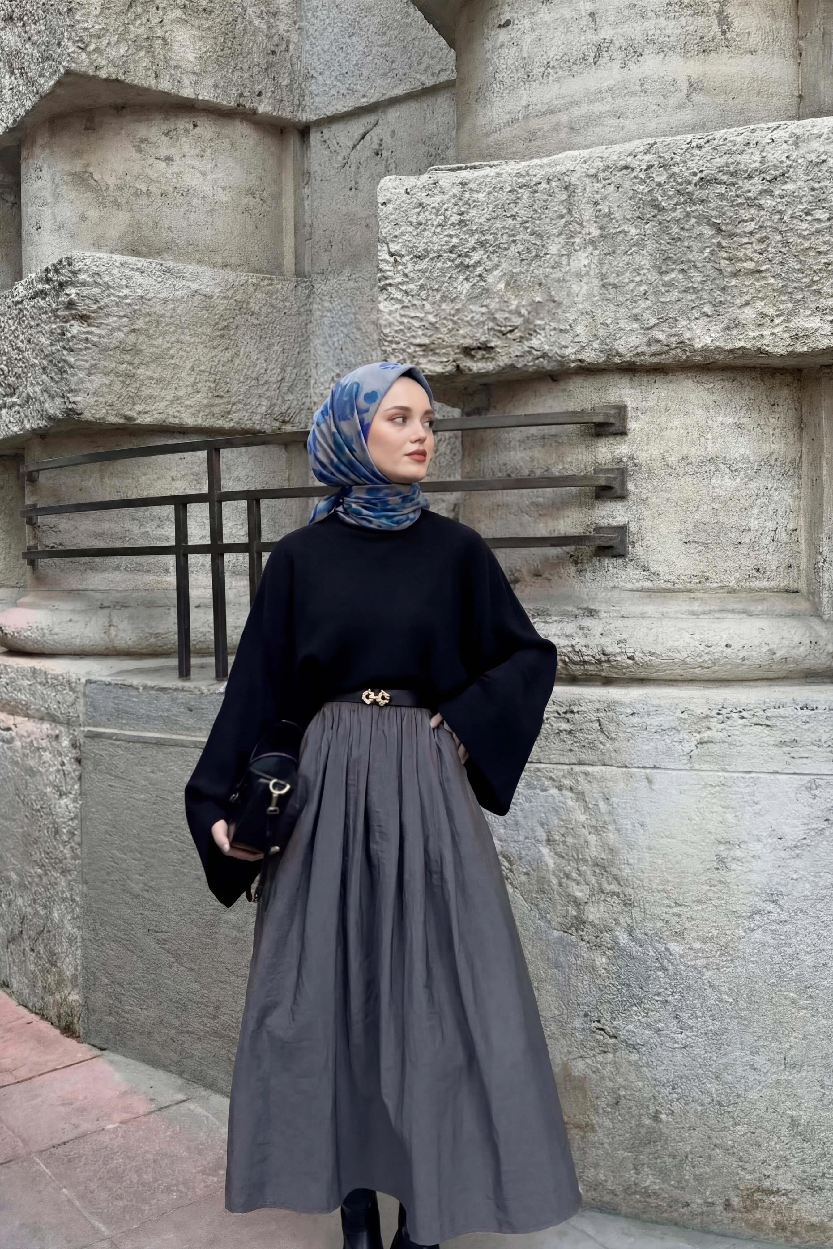 Pamuk Karışımlı Eşarp Çiçekli Desen Saks Mavi 90x90