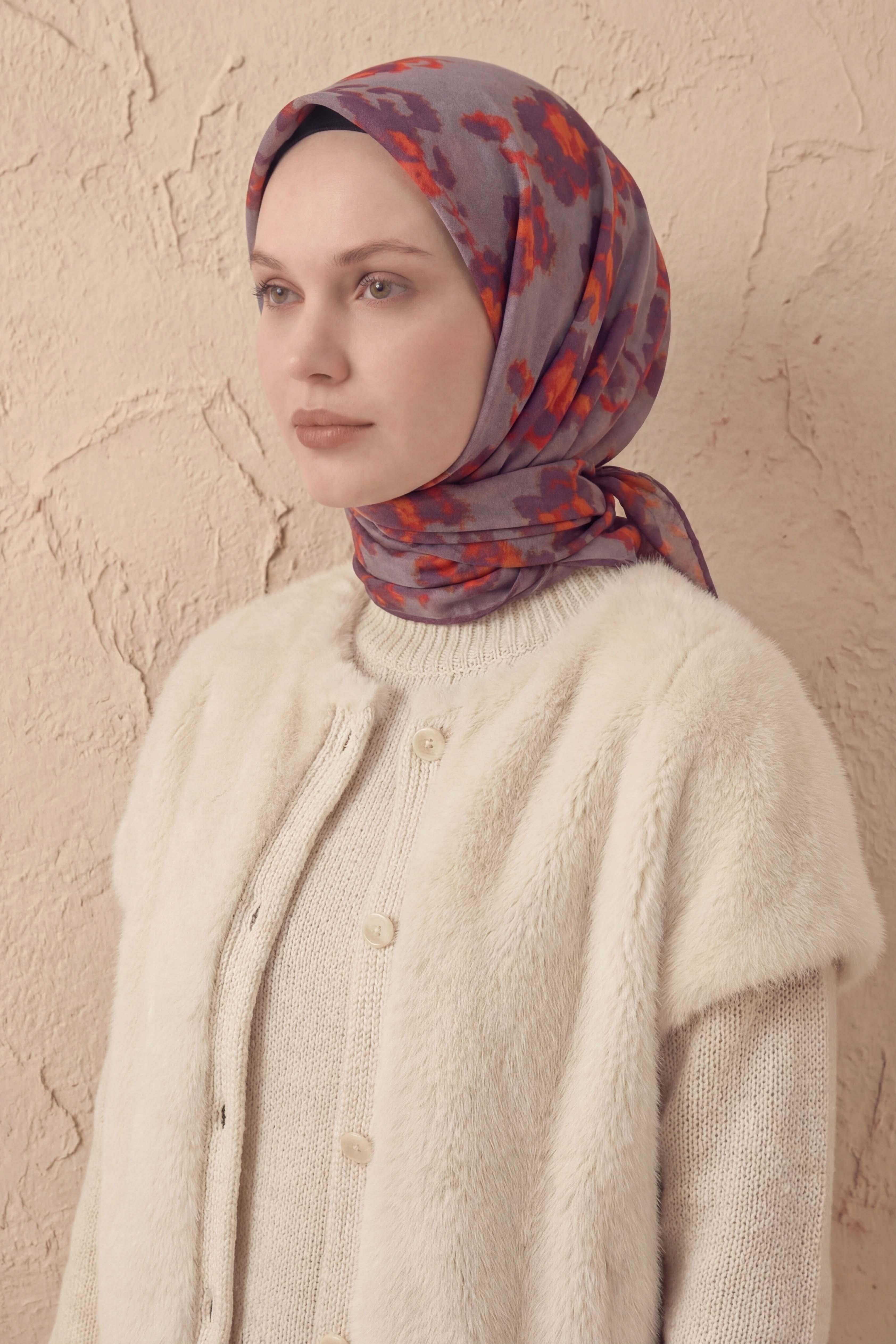 Pamuk Karışımlı Eşarp Çiçekli Desen Soluk Lila 90x90