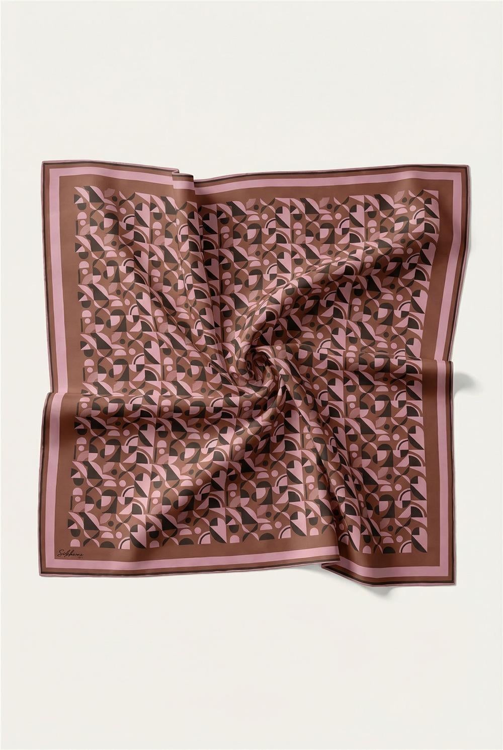 Pamuk Karışımlı Eşarp Çikolata Kahve Retro Geometrik Desenli Soft Dokulu Kaymaz 90x90