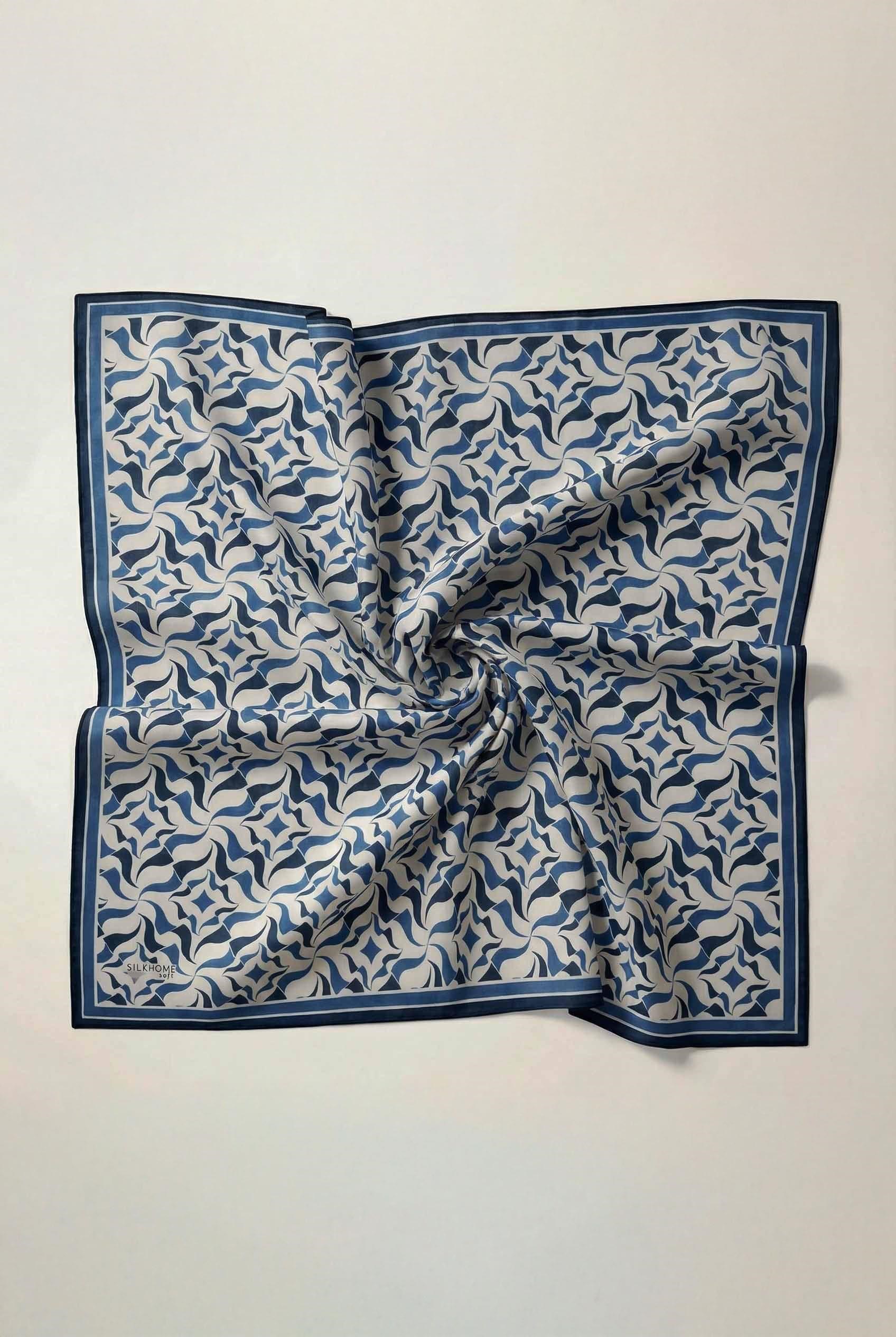Pamuk Karışımlı Eşarp Kırık Beyaz Geometrik Dalga Desen Soft Dokulu Kaymaz 90X90