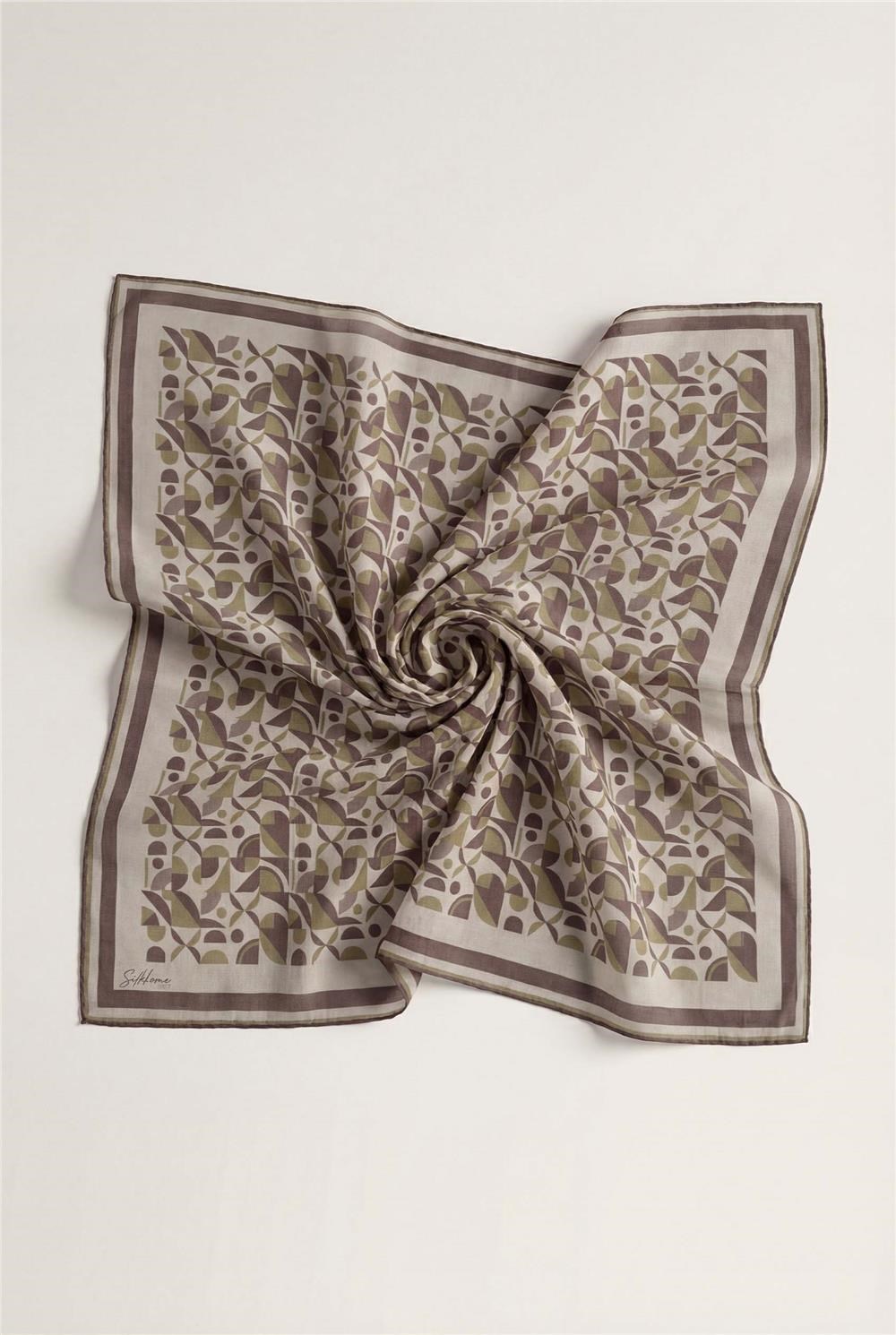 Pamuk Karışımlı Eşarp Küf Yeşili Retro Geometrik Desenli Soft Dokulu Kaymaz 90x90