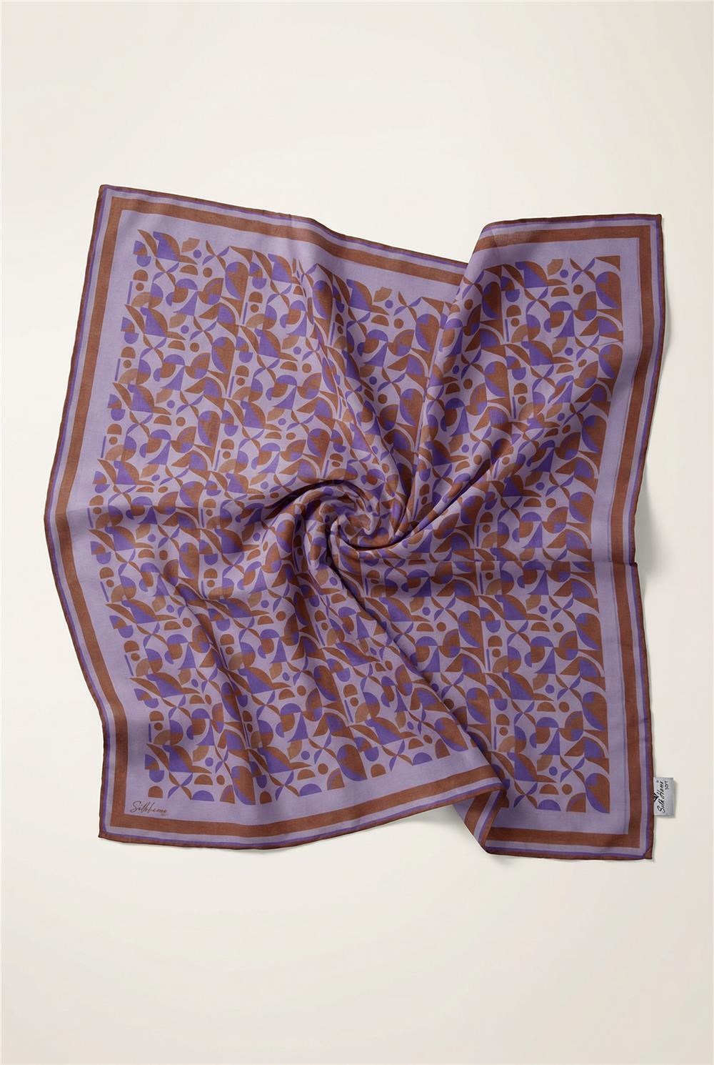 Pamuk Karışımlı Eşarp Lila Retro Geometrik Desenli Soft Dokulu Kaymaz 90x90
