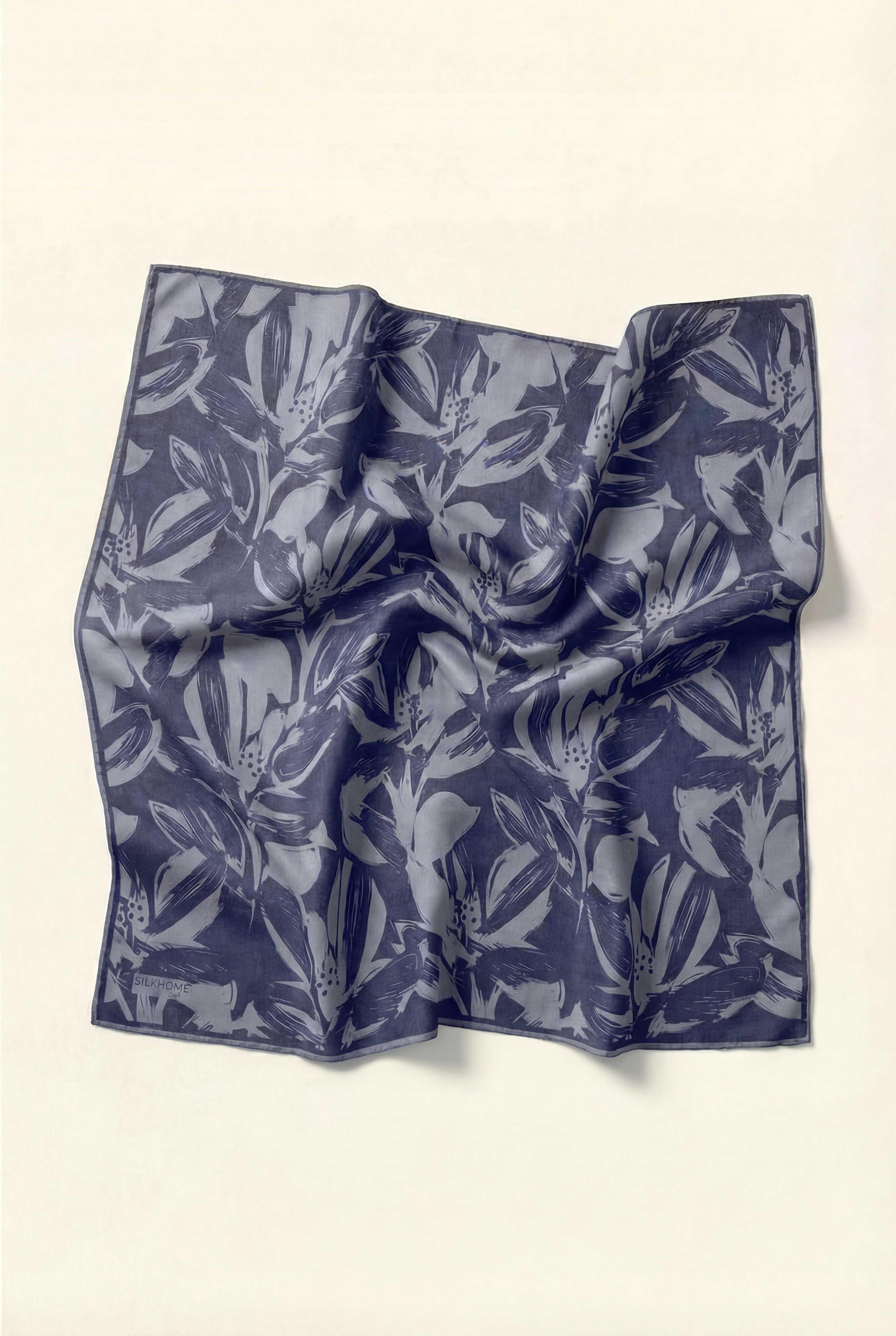 Pamuk Karışımlı Eşarp Mavi Lila Modern Flora Desen Soft Dokulu Kaymaz 90X90