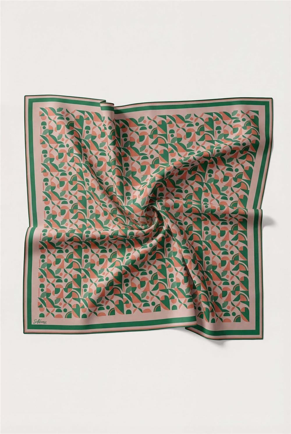 Pamuk Karışımlı Eşarp Pudra Retro Geometrik Desenli Soft Dokulu Kaymaz 90x90