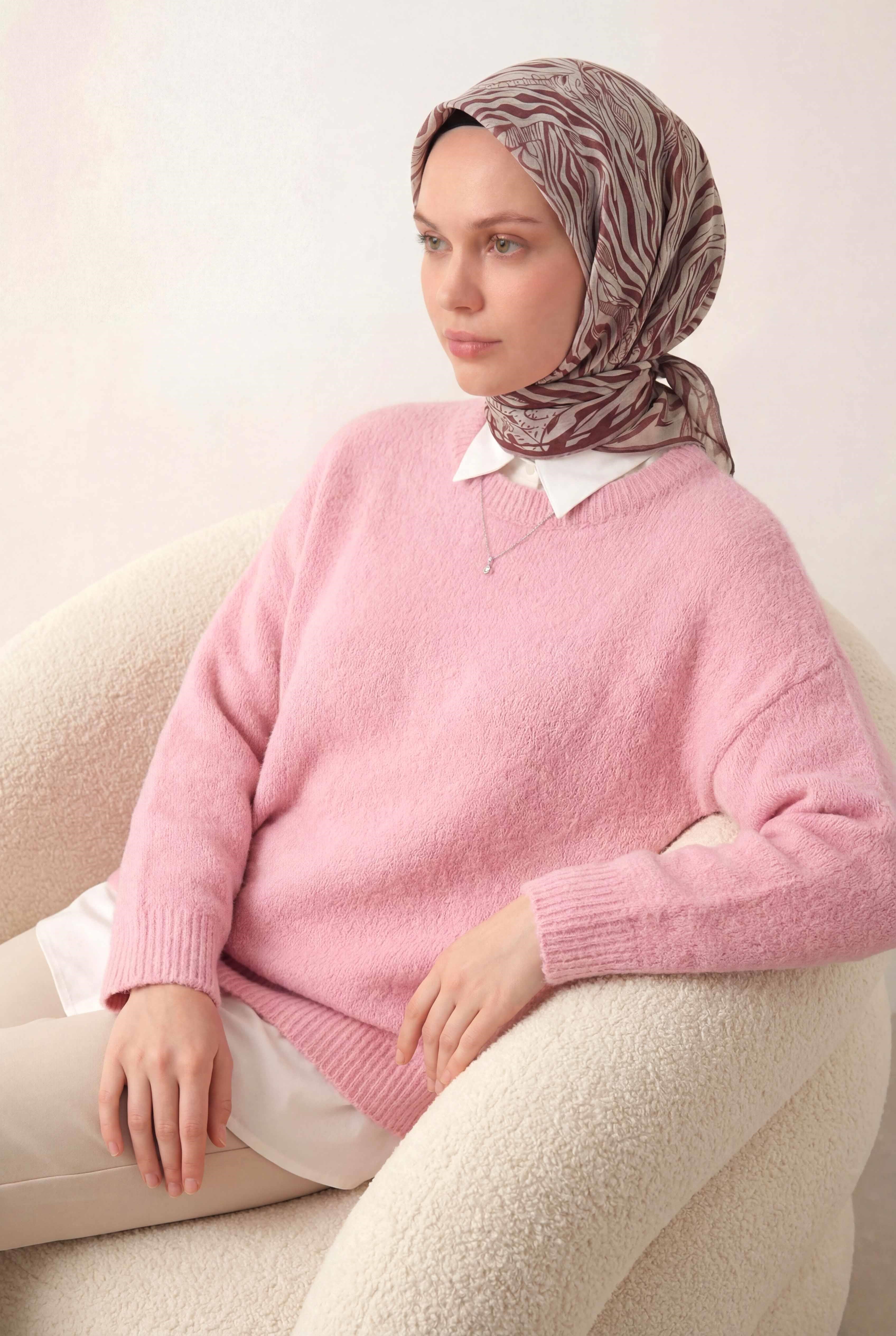 Pamuk Karışımlı Eşarp Pudra Zebra Desen Soft Dokulu Kaymaz 90X90