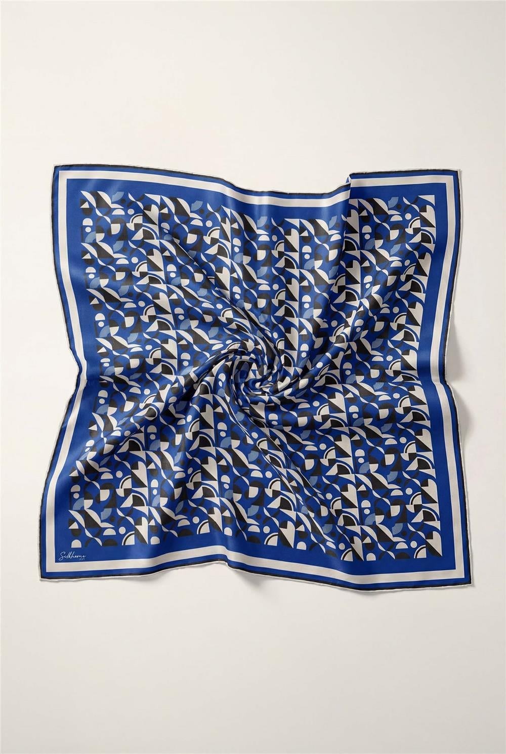 Pamuk Karışımlı Eşarp Saks Retro Geometrik Desenli Soft Dokulu Kaymaz 90x90