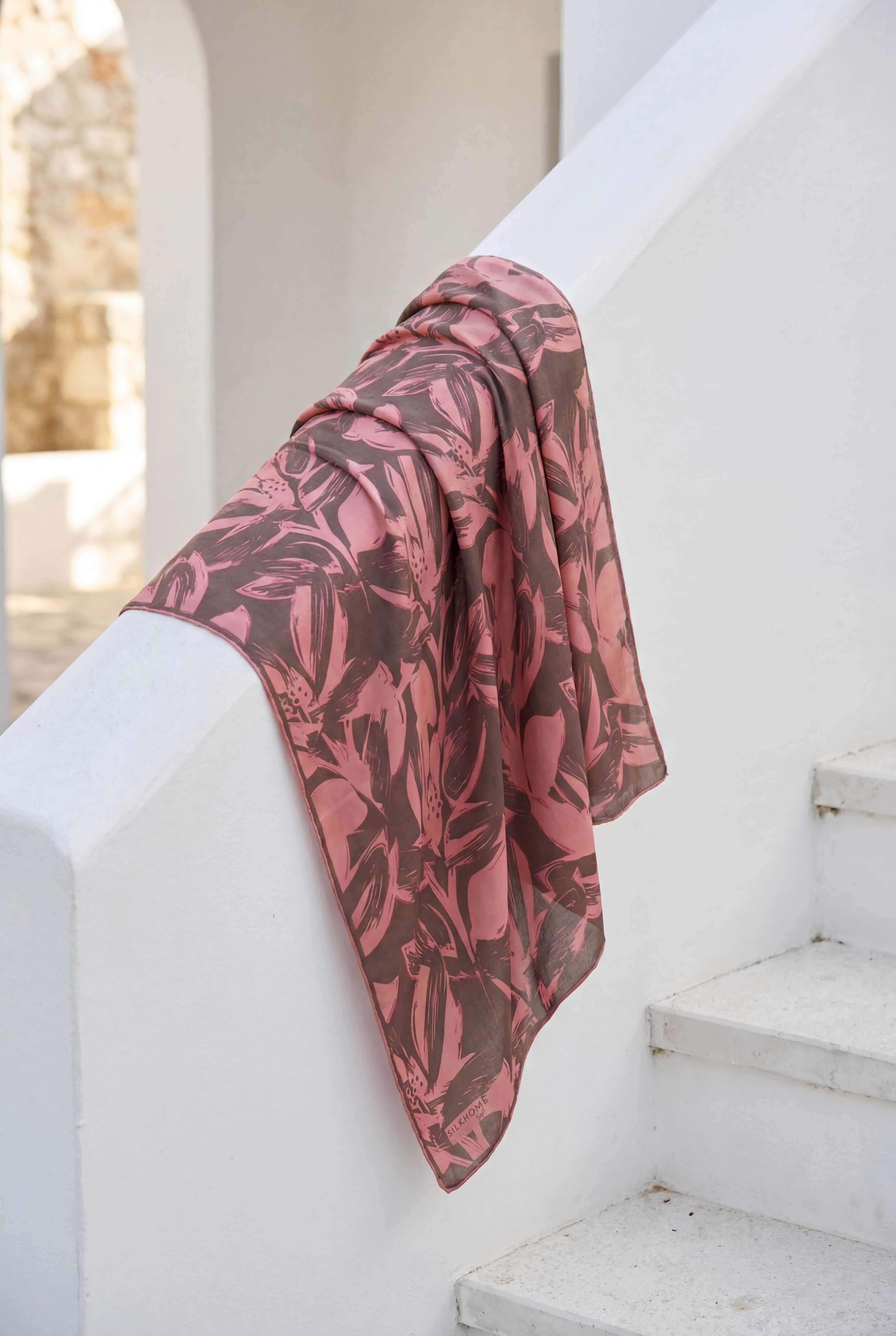 Pamuk Karışımlı Eşarp Somon Modern Flora Desen Soft Dokulu Kaymaz 90X90