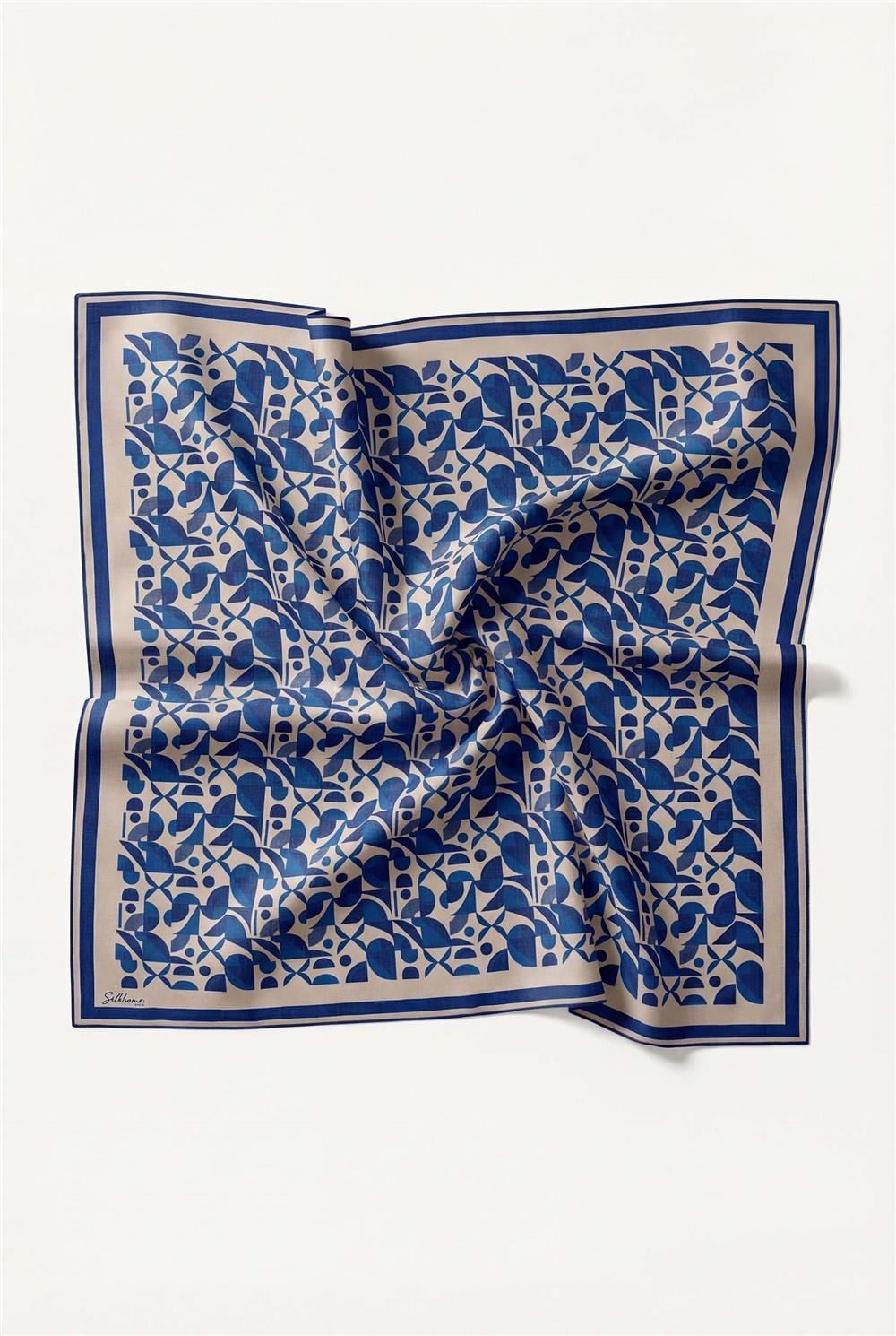 Pamuk Karışımlı Eşarp Taş Retro Geometrik Desenli Soft Dokulu Kaymaz 90x90