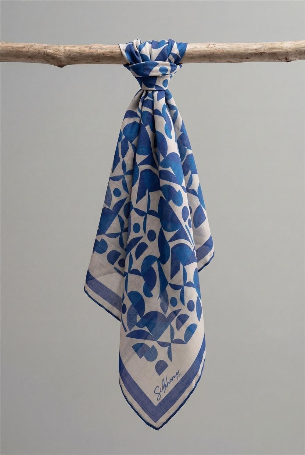 Pamuk Karışımlı Eşarp Taş Retro Geometrik Desenli Soft Dokulu Kaymaz 90x90