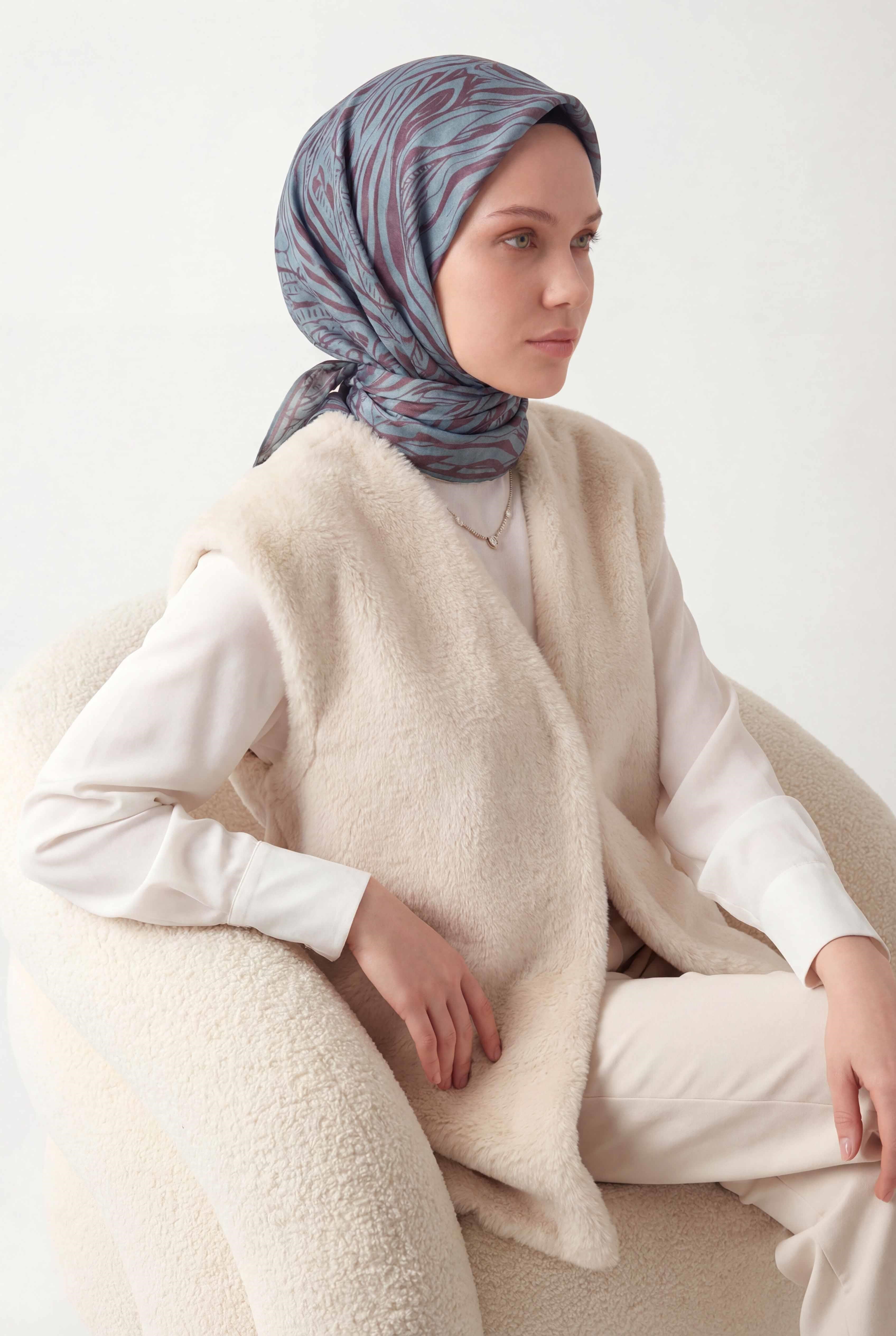 Pamuk Karışımlı Eşarp Turkuaz Zebra Desen Soft Dokulu Kaymaz 90X90