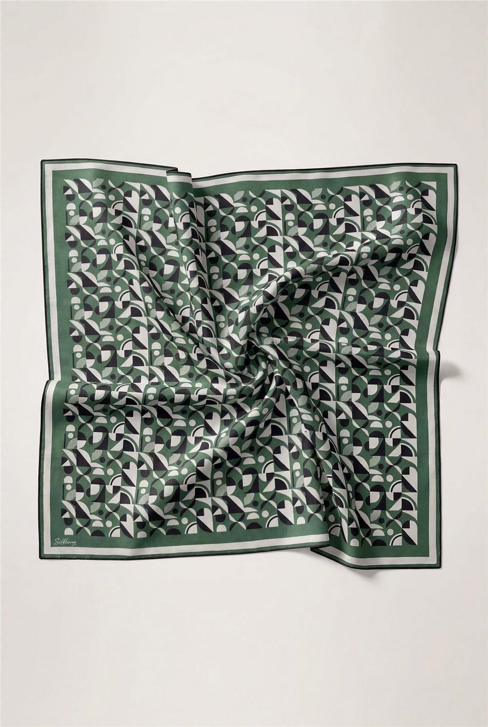 Pamuk Karışımlı Eşarp Yeşil Retro Geometrik Desenli Soft Dokulu Kaymaz 90x90