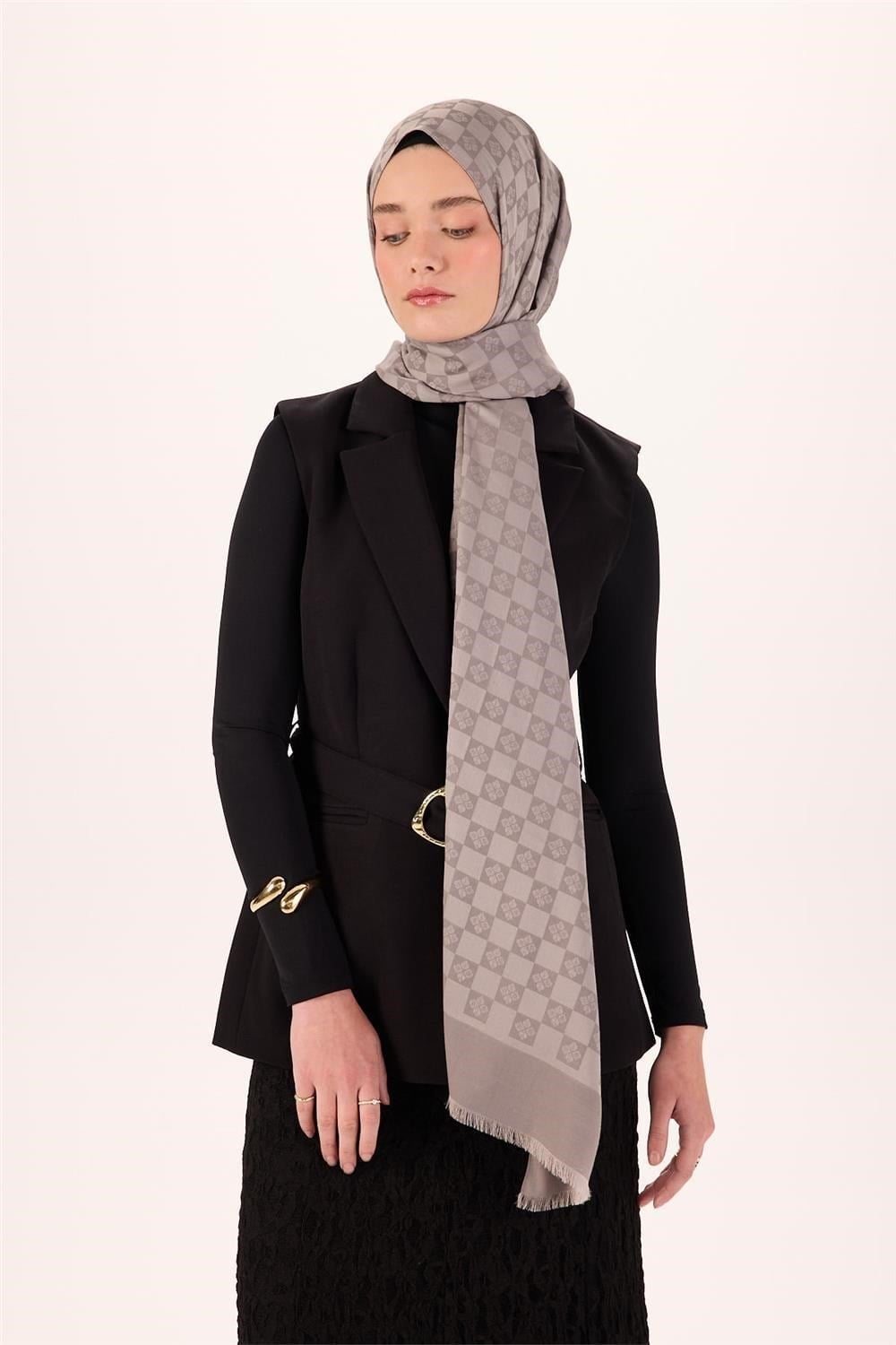 Pamuk Karışımlı Liva Şal Açık Gri Desenli Tok Duruşlu Nefes Alan 90x200
