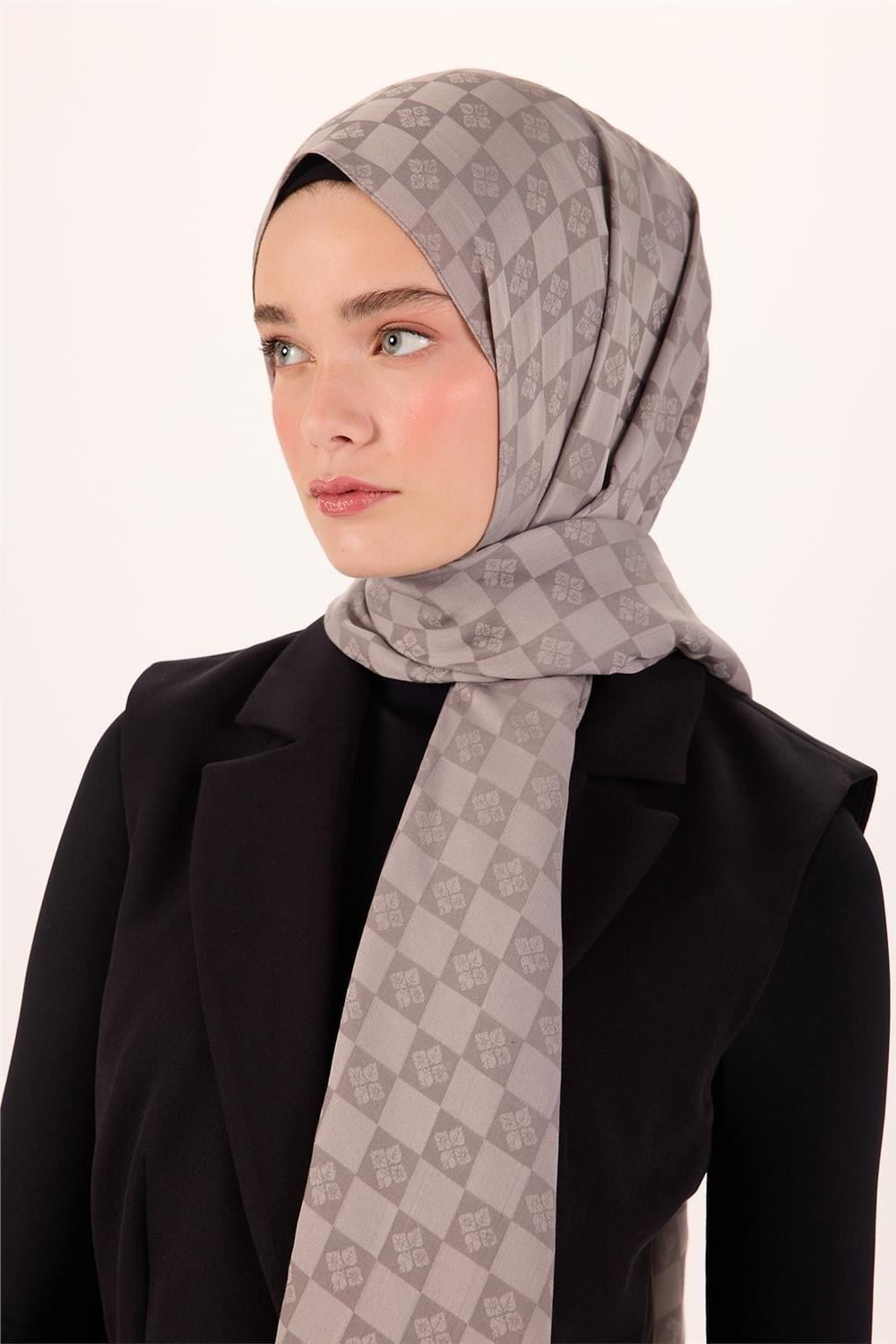 Pamuk Karışımlı Liva Şal Açık Gri Desenli Tok Duruşlu Nefes Alan 90x200
