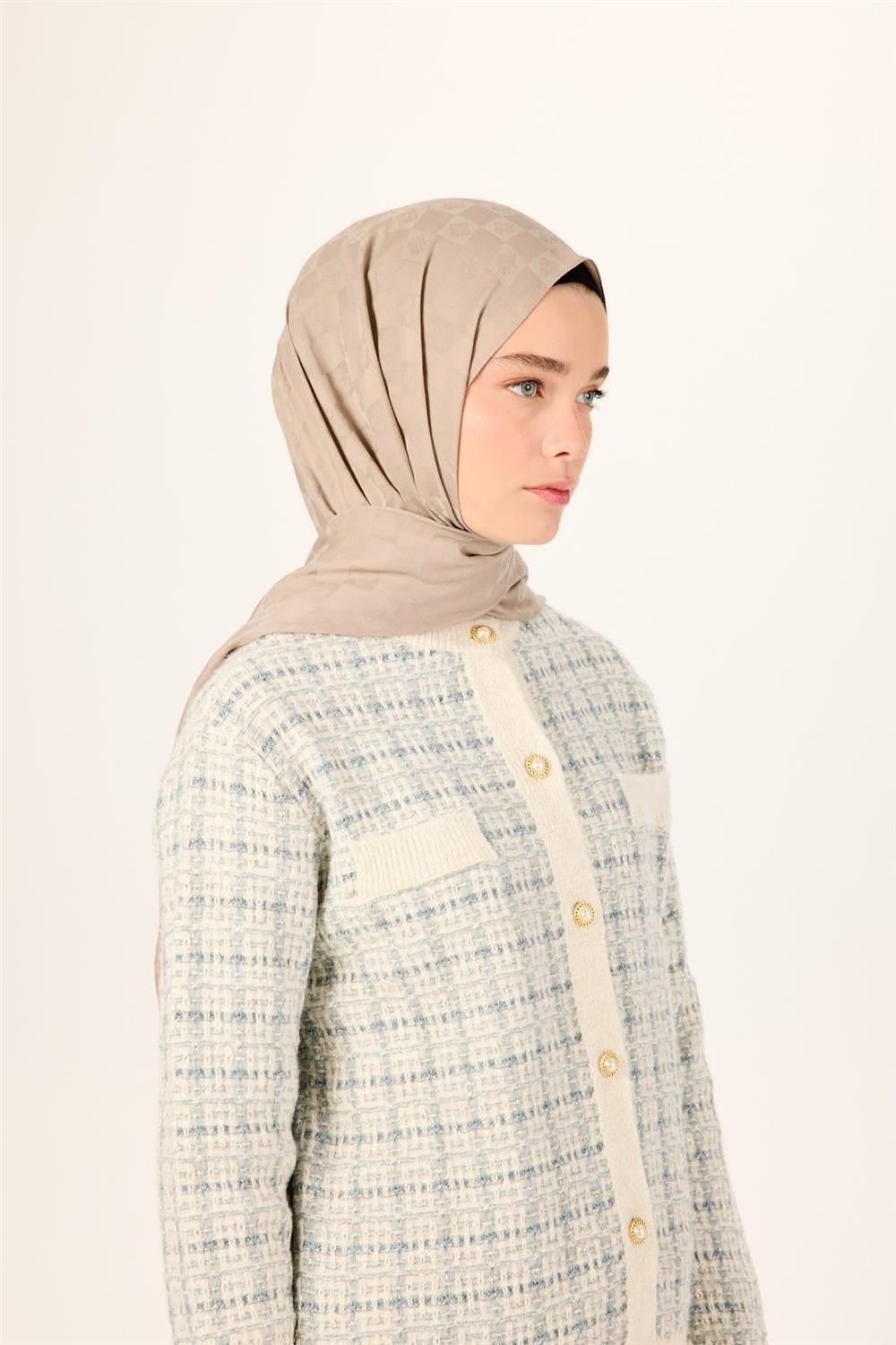 Pamuk Karışımlı Liva Şal Koyu Bej Desenli Tok Duruşlu Nefes Alan 90x200