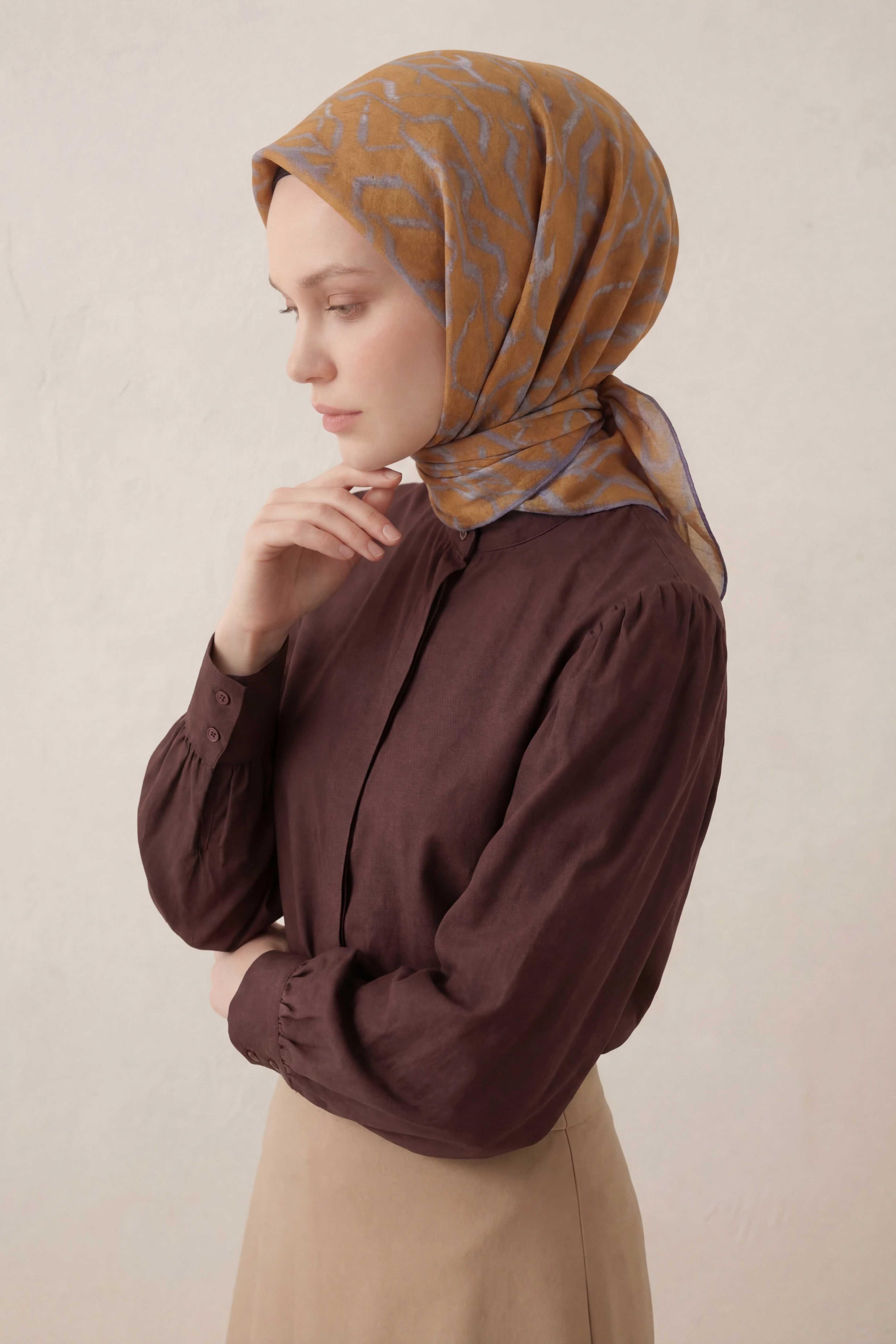 Pamuk Karışımlı Soft Eşarp Başak Desen Hardal 90x90