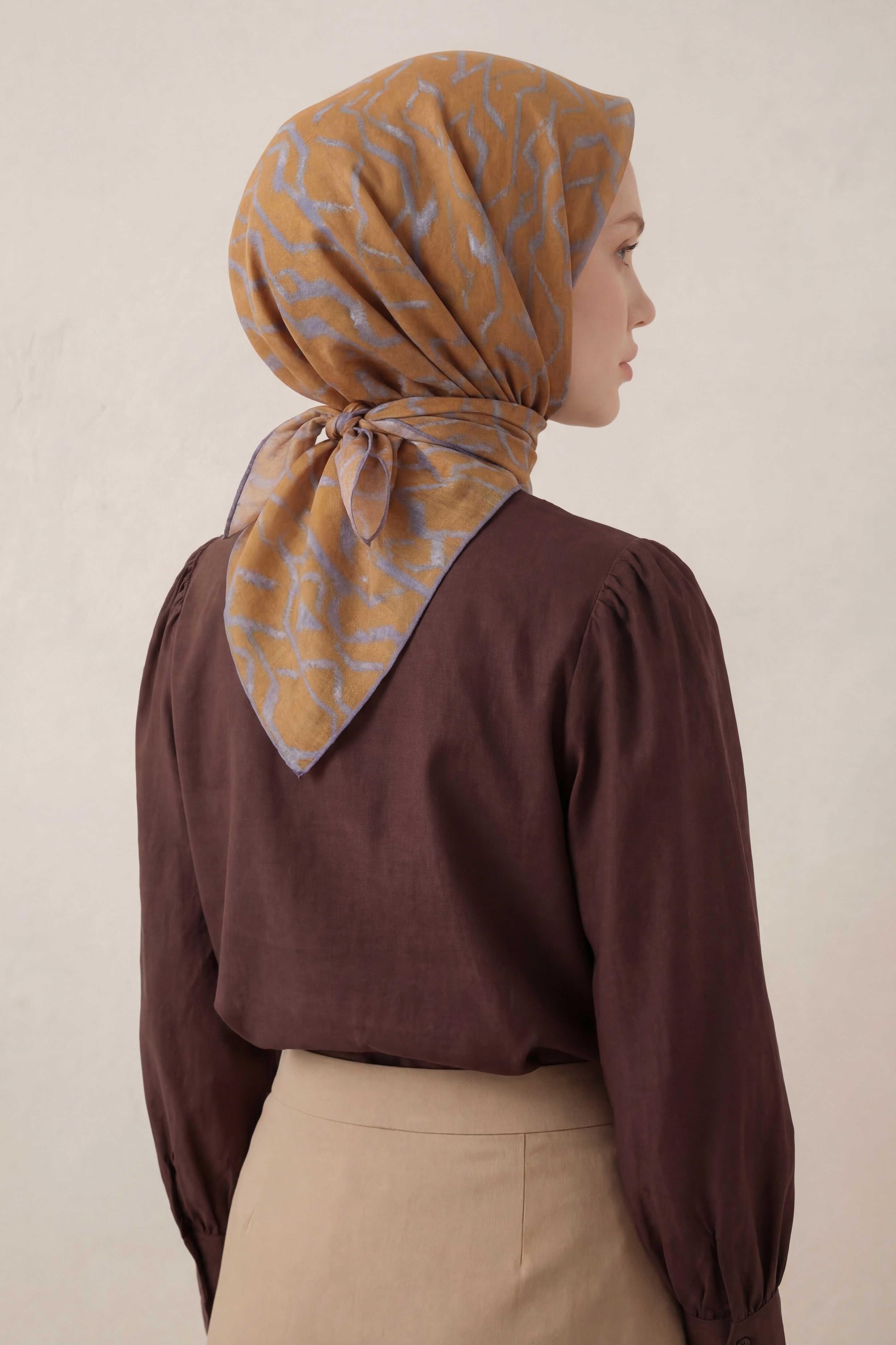 Pamuk Karışımlı Soft Eşarp Başak Desen Hardal 90x90
