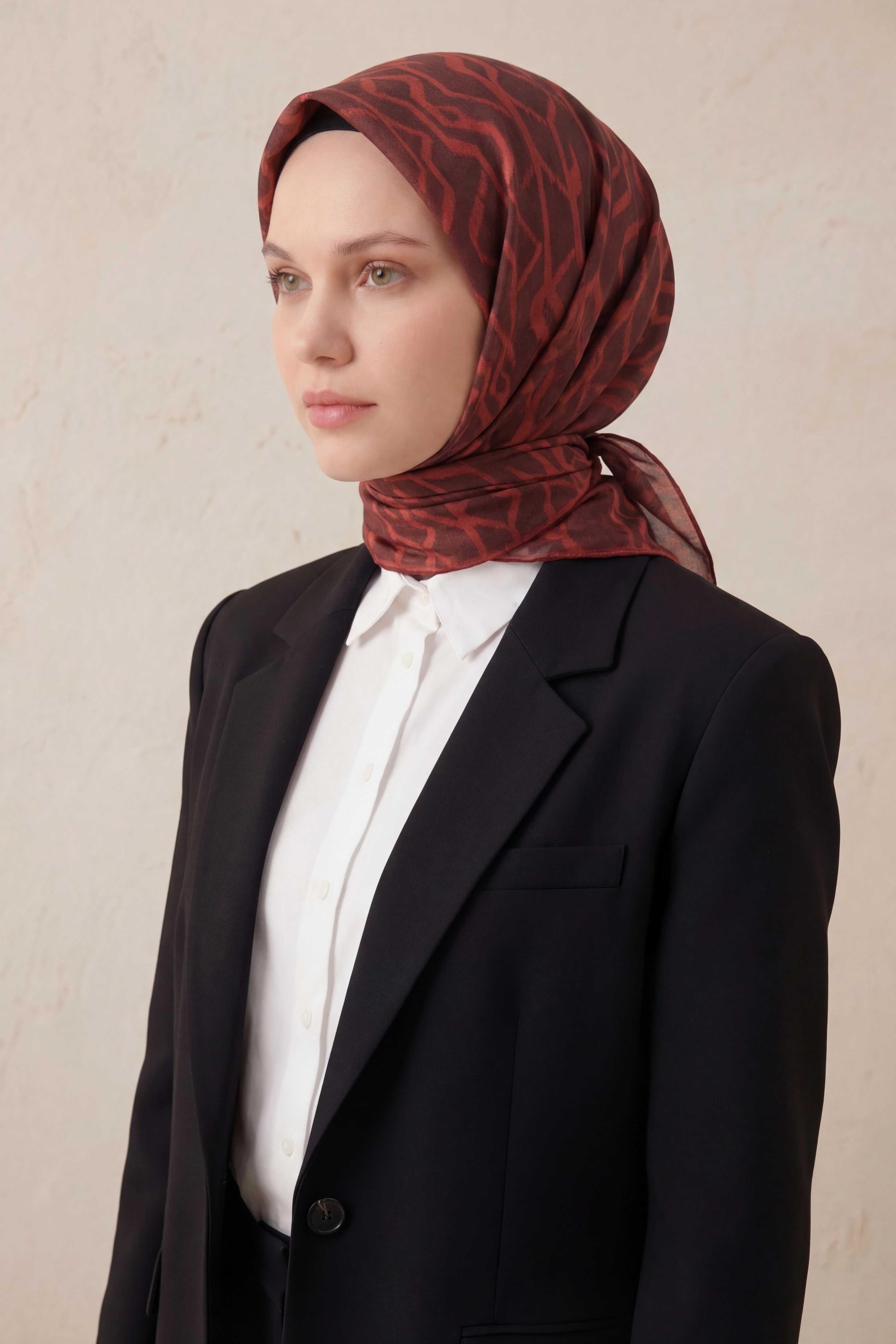 Pamuk Karışımlı Soft Eşarp Başak Desen Kiremit Kırmızı 90x90