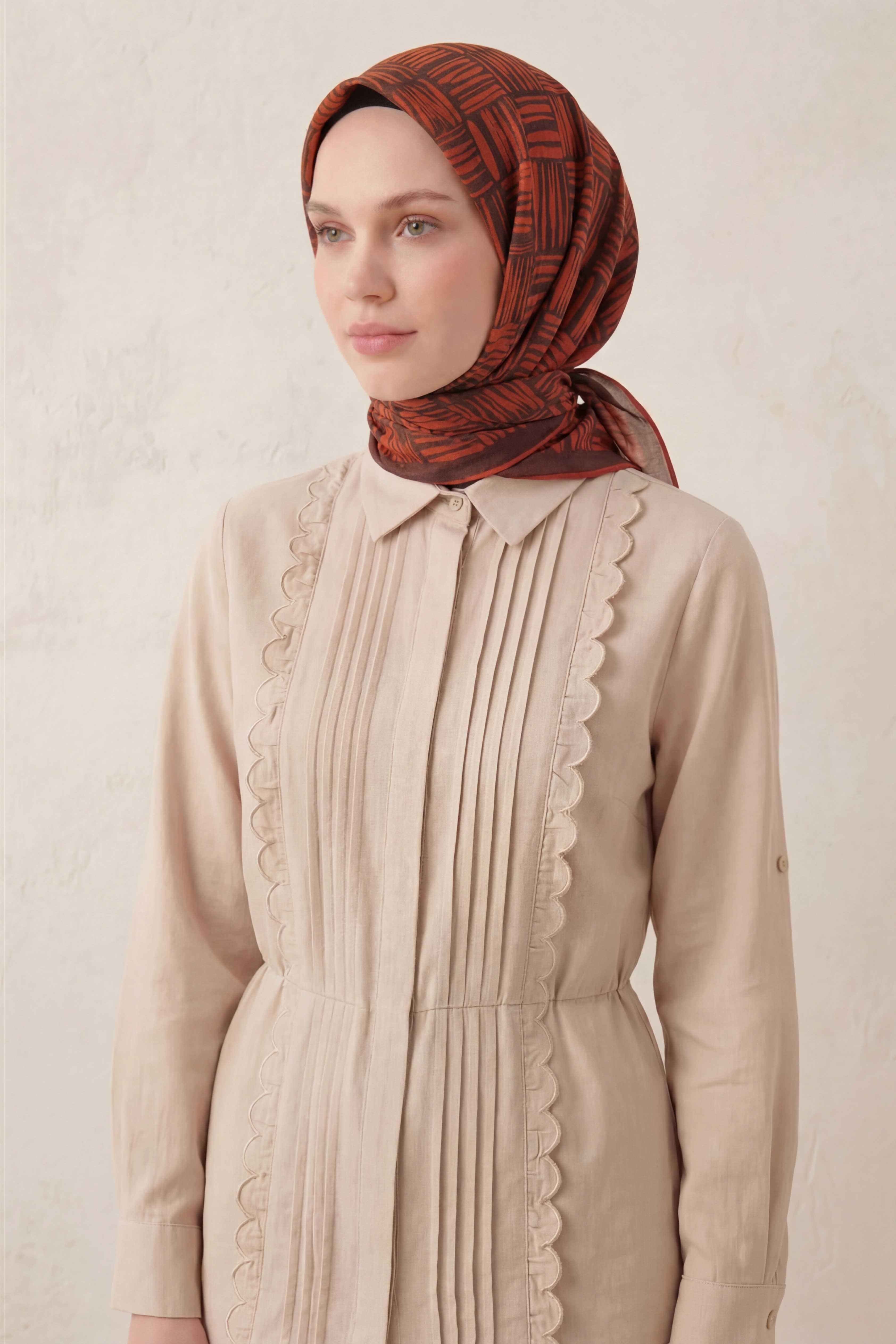 Pamuk Karışımlı Soft Eşarp Çizgi Desen Pas Rengi 90x90