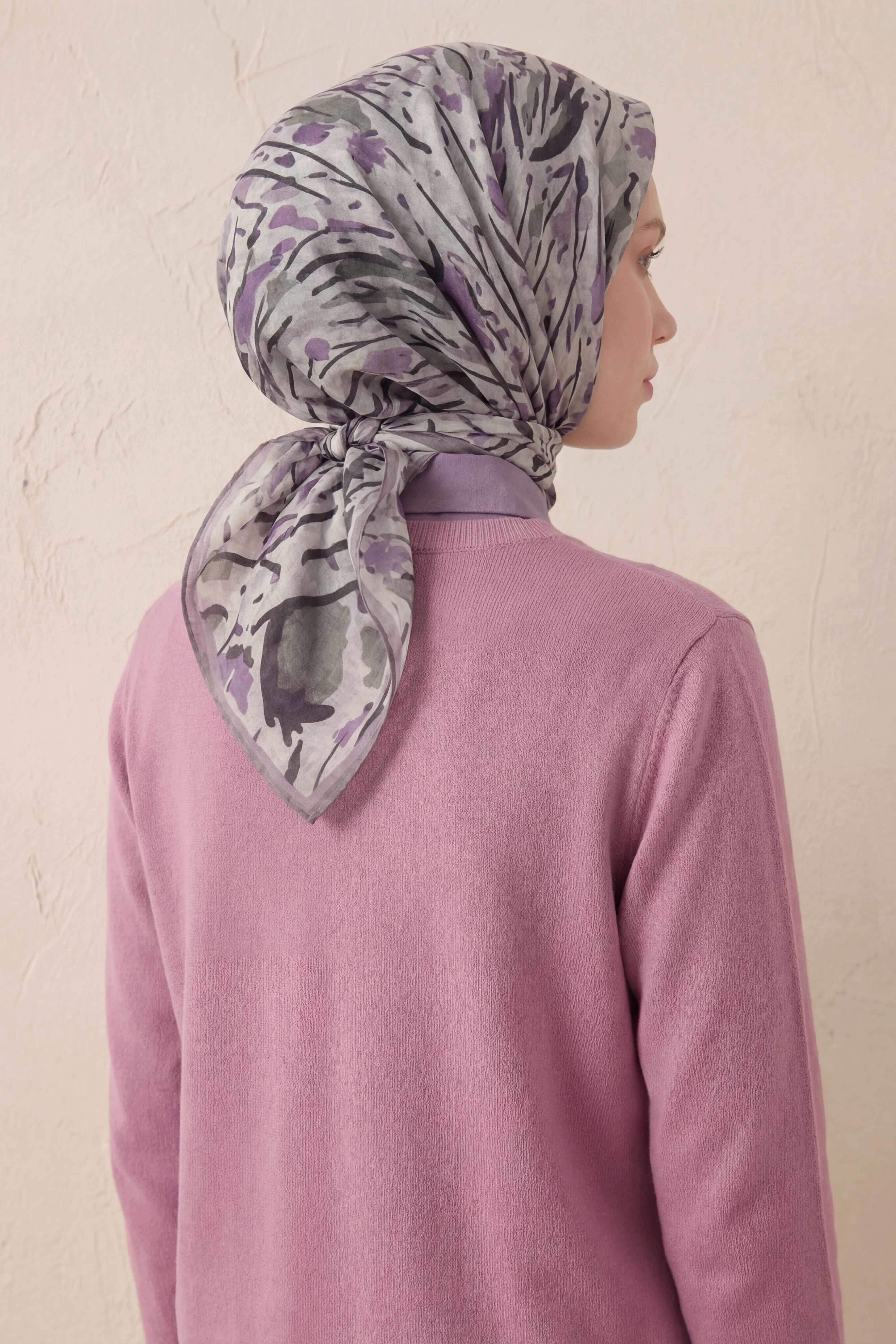 Pamuk Karışımlı Soft Eşarp Fırça Darbeli Desen Silver 90x90