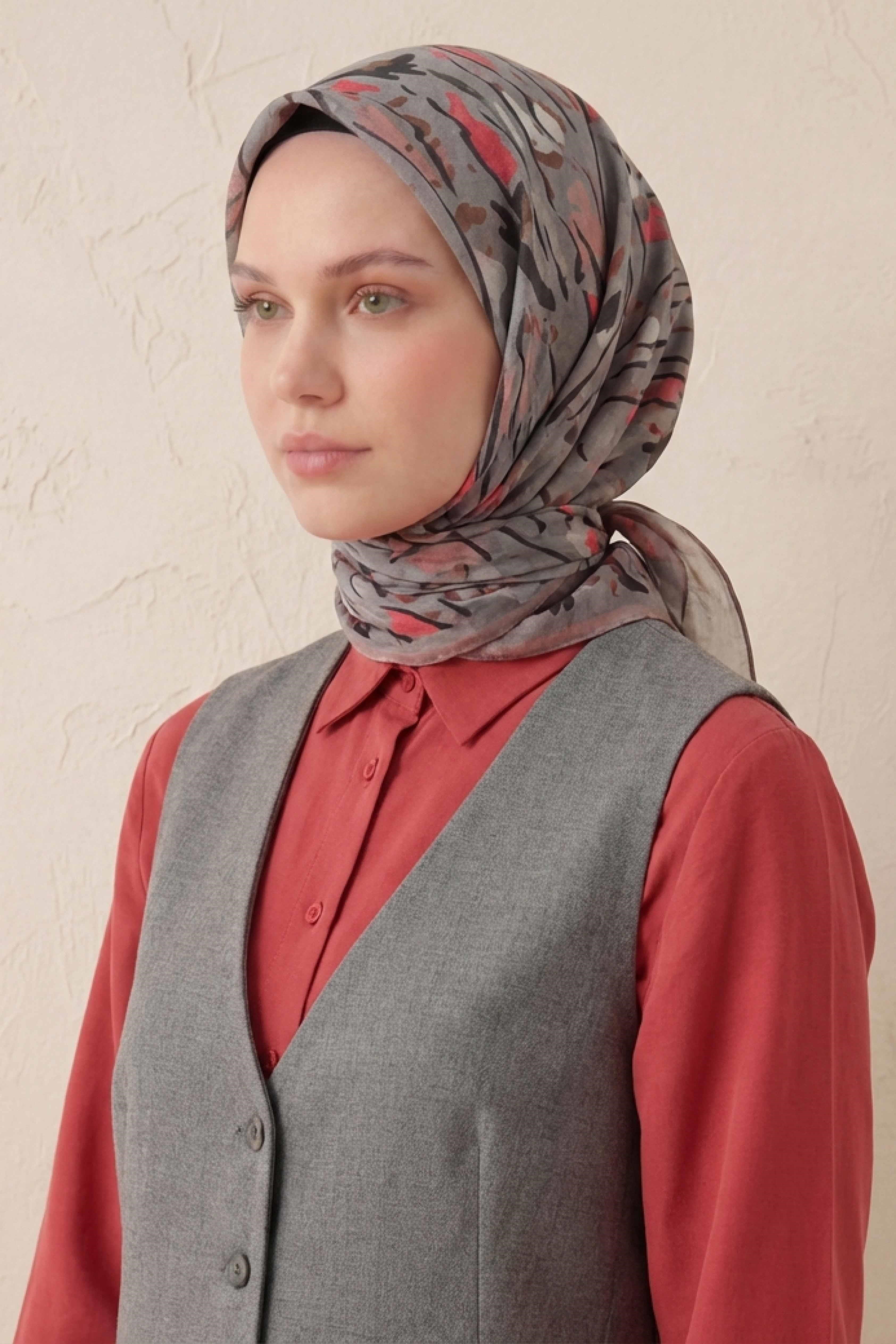 Pamuk Karışımlı Soft Eşarp Fırça Darbeli Desen Metalik Gri 90x90