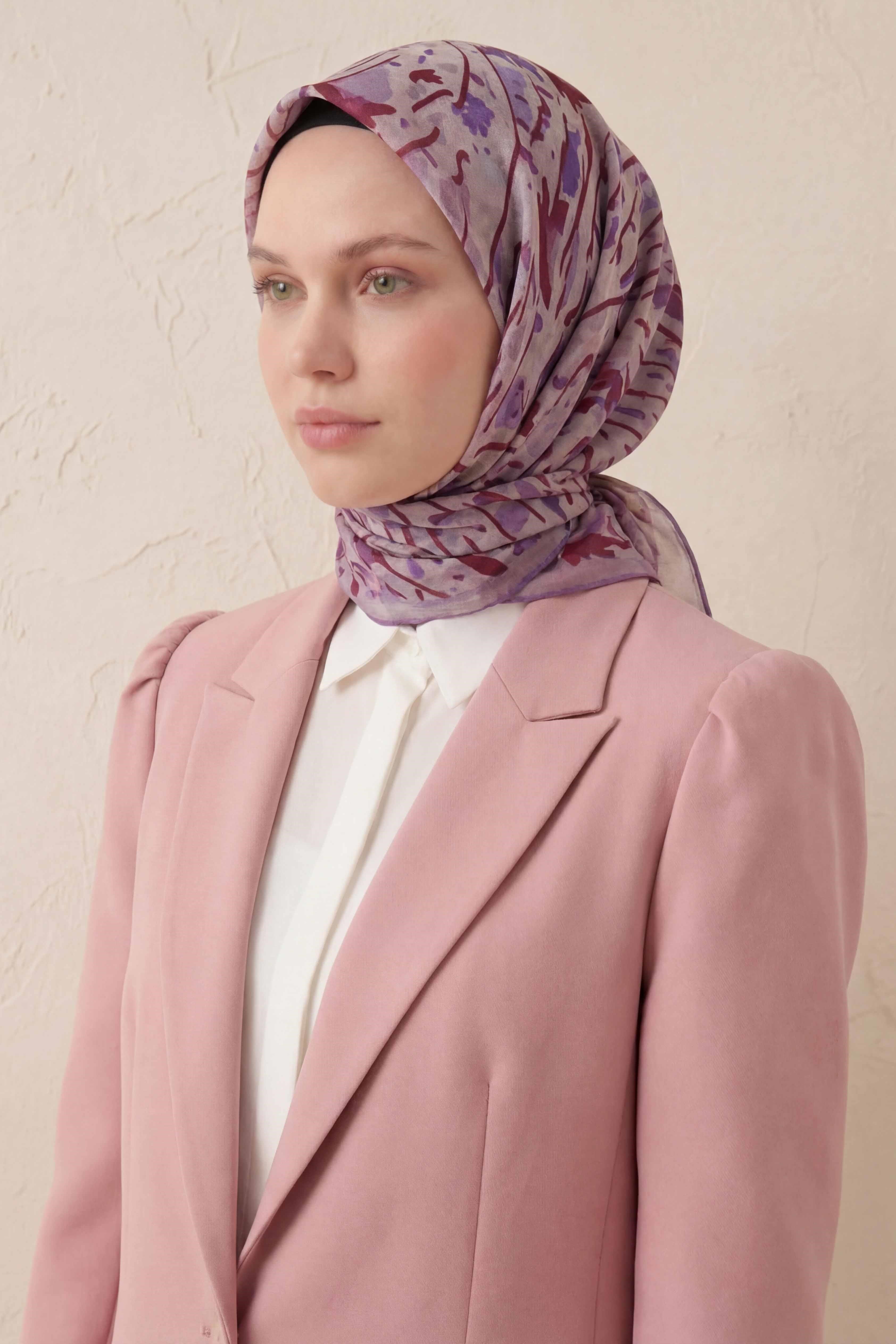 Pamuk Karışımlı Soft Eşarp Fırça Darbeli Desen Pudra Vizon 90x90