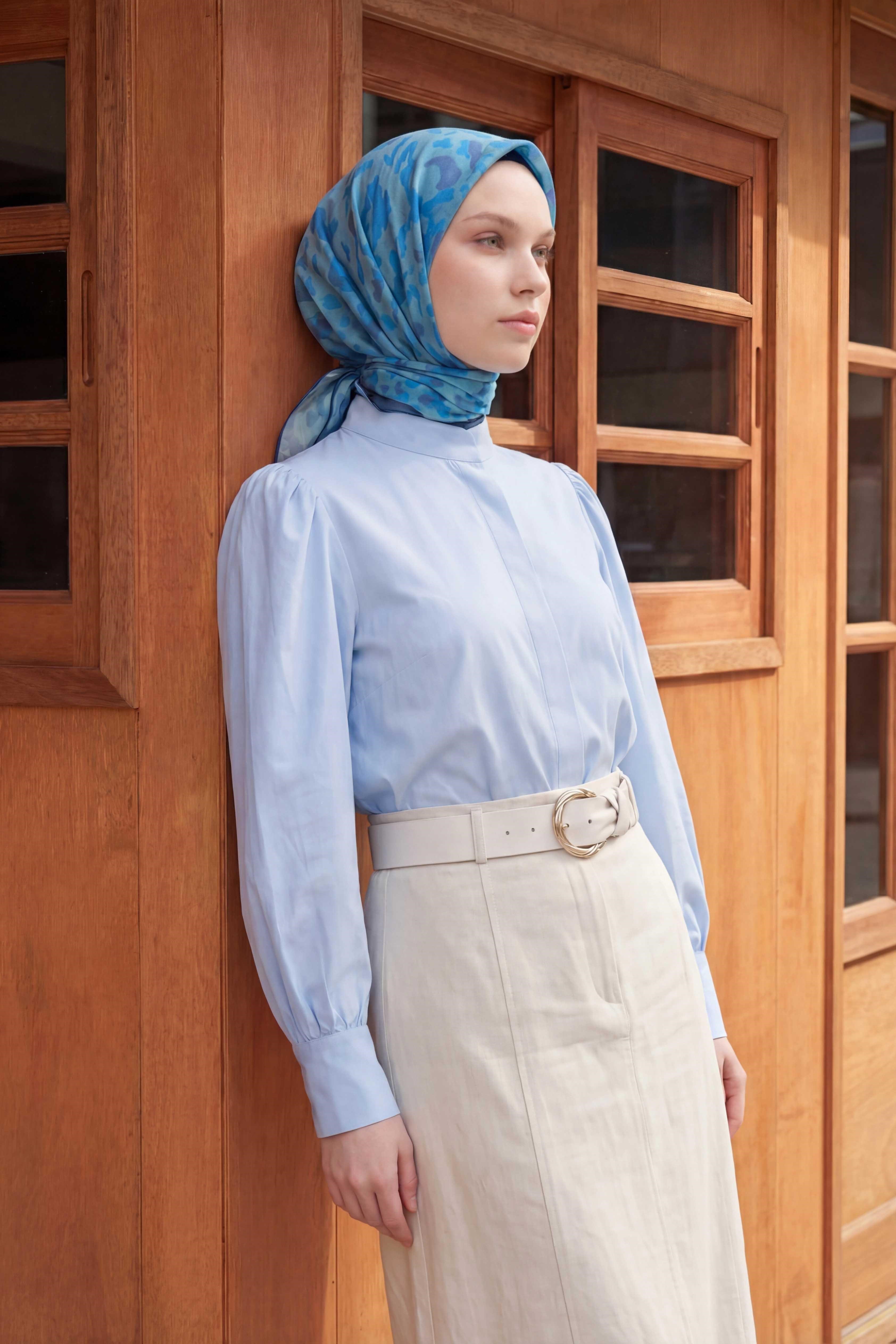 Pamuk Karışımlı Soft Eşarp Sis Motif Desen Gök Mavi 90X90