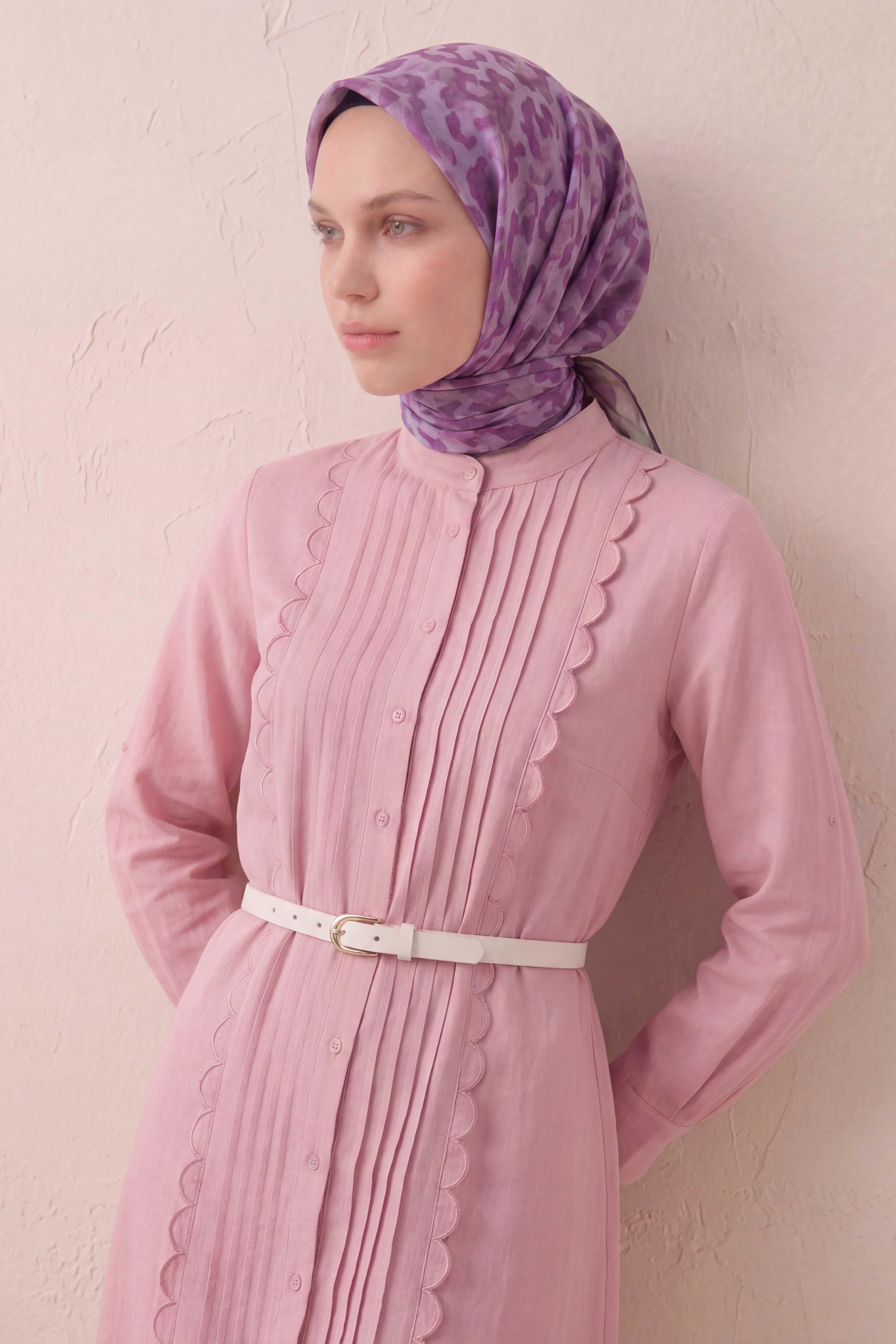 Pamuk Karışımlı Soft Eşarp Sis Motif Desen Pembe 90X90
