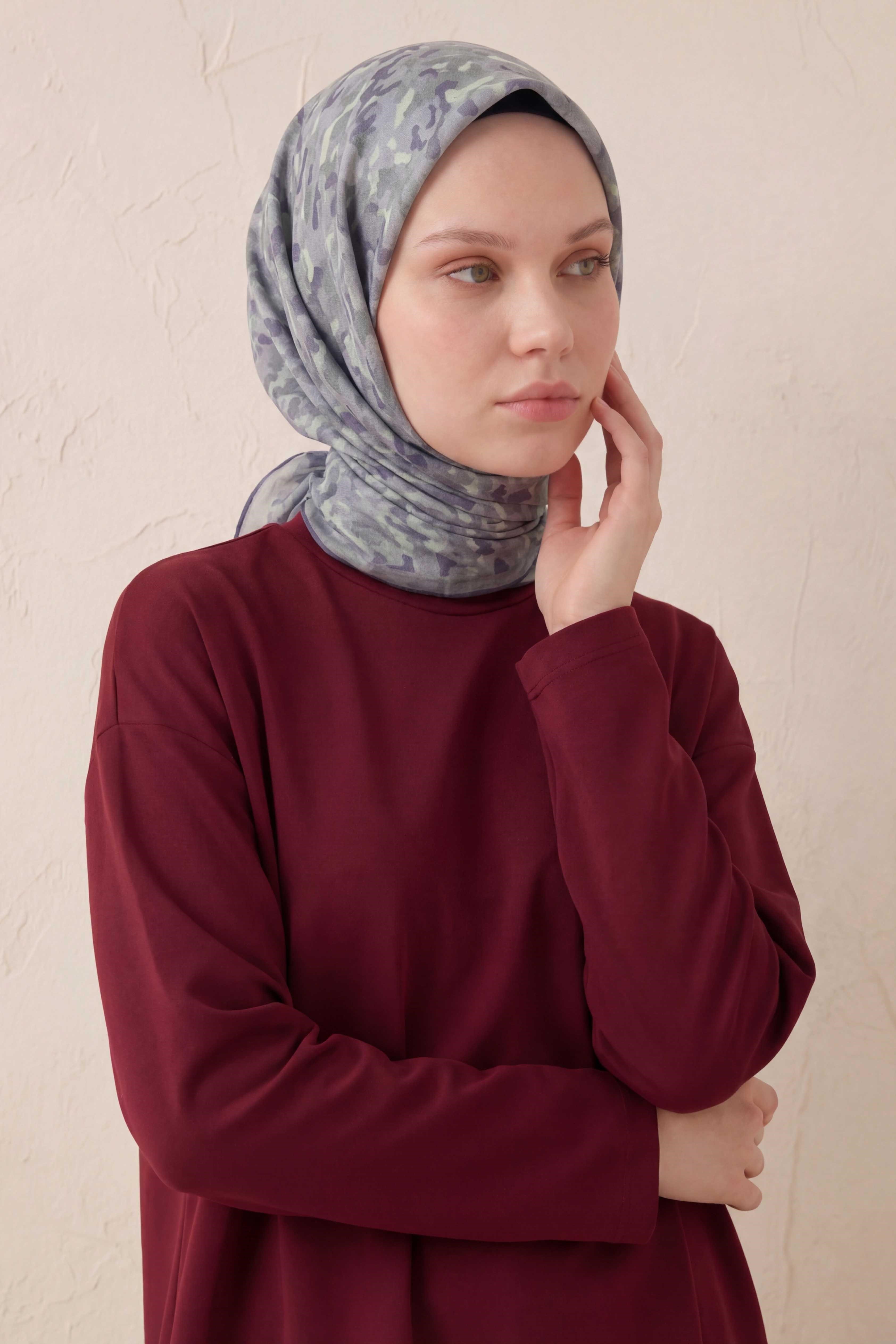 Pamuk Karışımlı Soft Eşarp Sis Motif Desen Gri 90X90