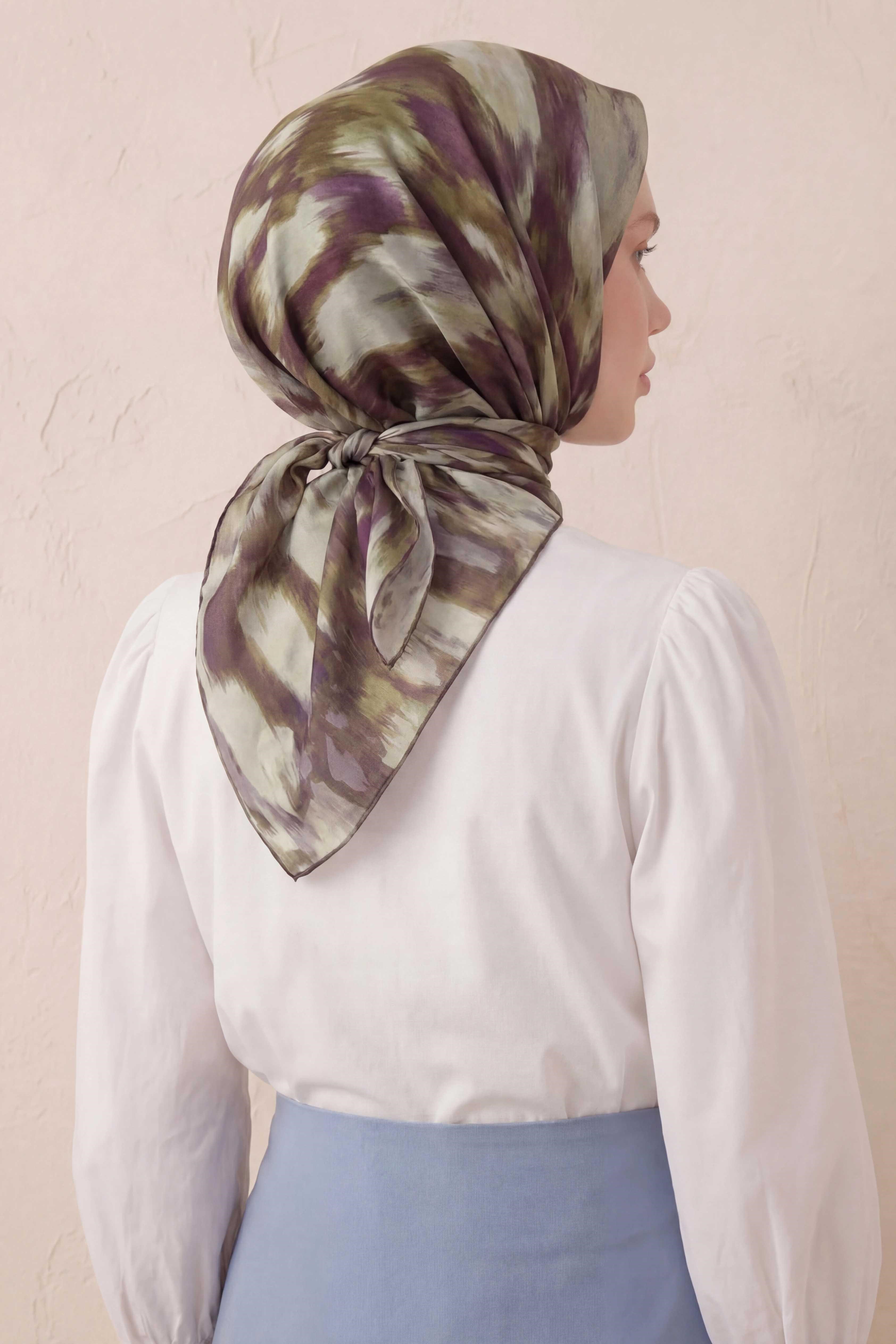 Pamuk Karışımlı Soft Eşarp Soyut Fırça Desen Su Yeşili 90X90