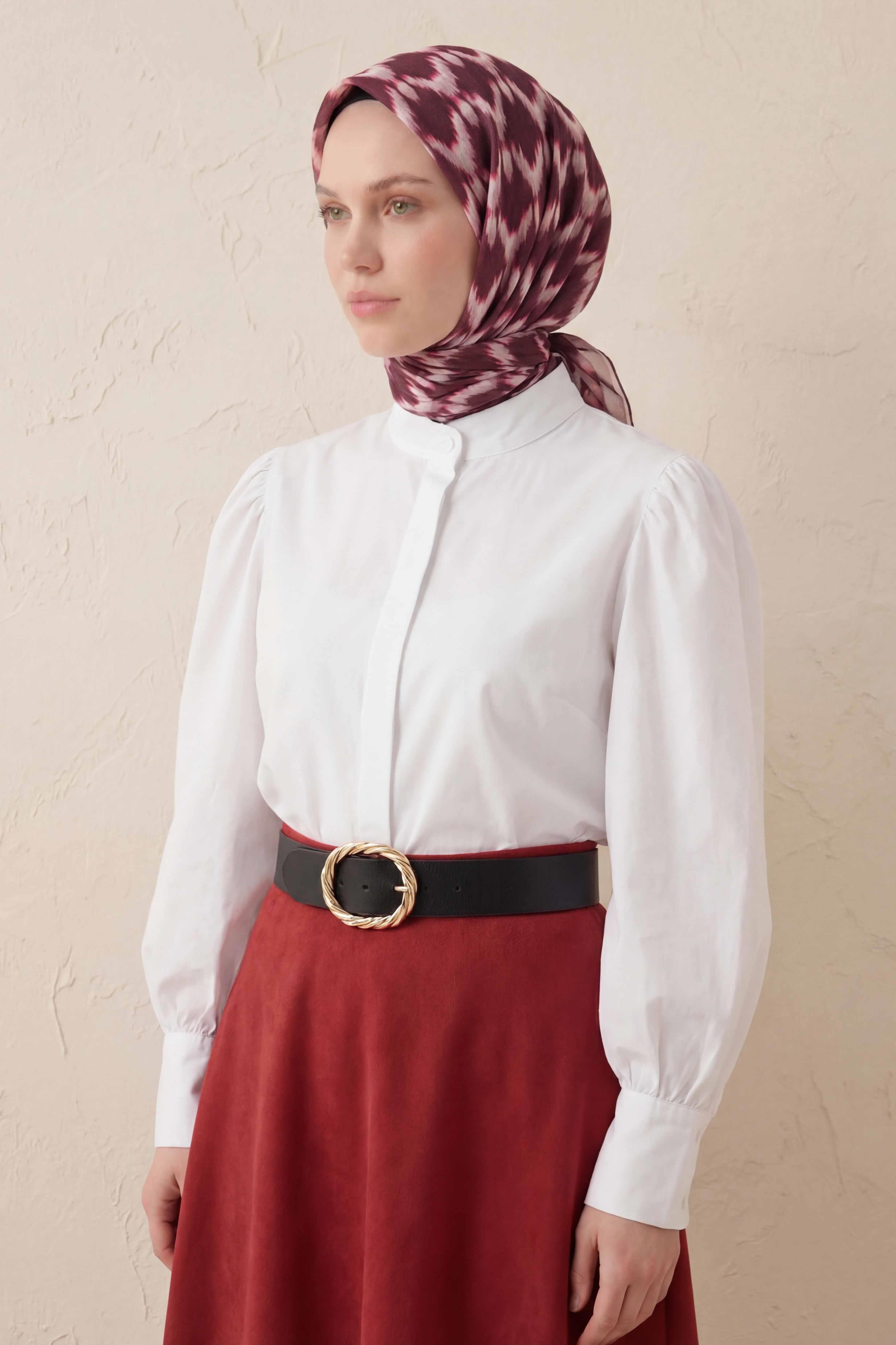 Pamuk Karışımlı Soft Eşarp Zikzak Akış Desen Mürdüm 90x90