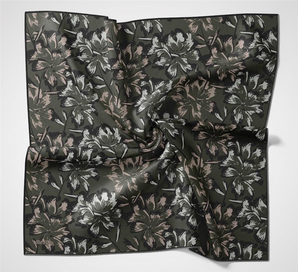 Pamuk Polyester Eşarp Asker Yeşili Büyük Papatya Desenli Soft Dokulu Kaymaz 90x90