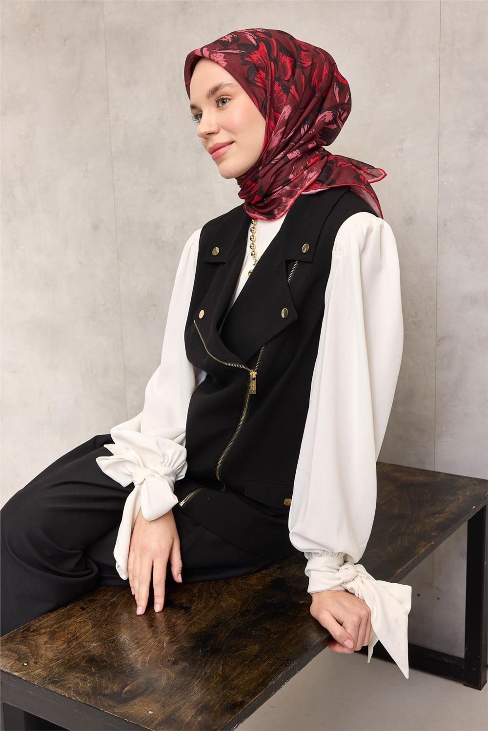 Pamuk Polyester Eşarp Bordo Büyük Papatya Desenli Soft Dokulu Kaymaz 90x90