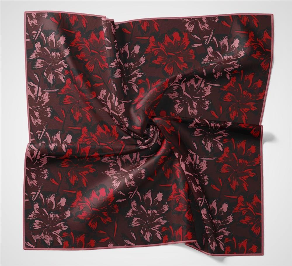 Pamuk Polyester Eşarp Bordo Büyük Papatya Desenli Soft Dokulu Kaymaz 90x90