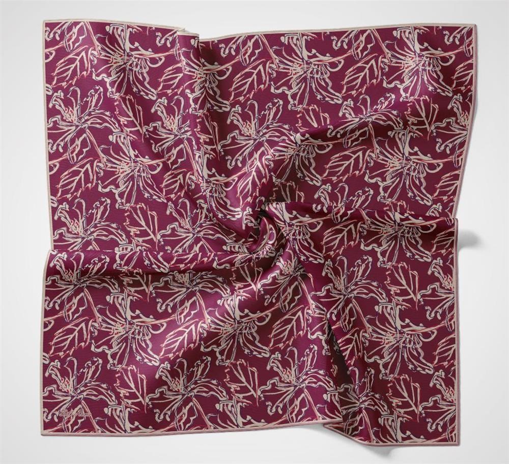 Pamuk Polyester Eşarp Fuşya-Mor Krem Desenli Soft Dokulu Tok Duruşlu 90x90