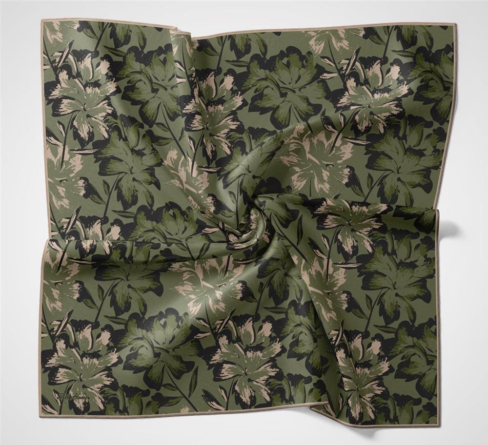 Pamuk Polyester Eşarp Haki Yeşili Büyük Papatya Desenli Soft Dokulu Kaymaz 90x90