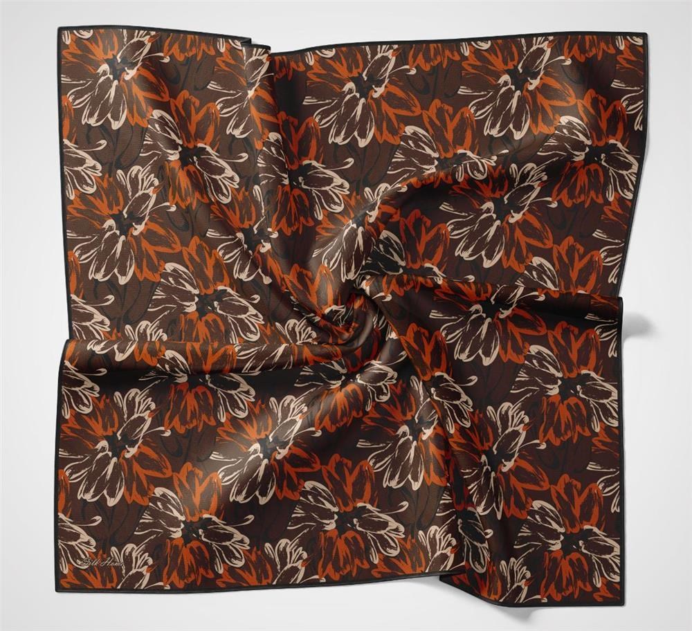 Pamuk Polyester Eşarp Kahverengi-Turuncu Bej Siyah Botanik Desenli Soft Dokulu Tok Duruşlu 90x90
