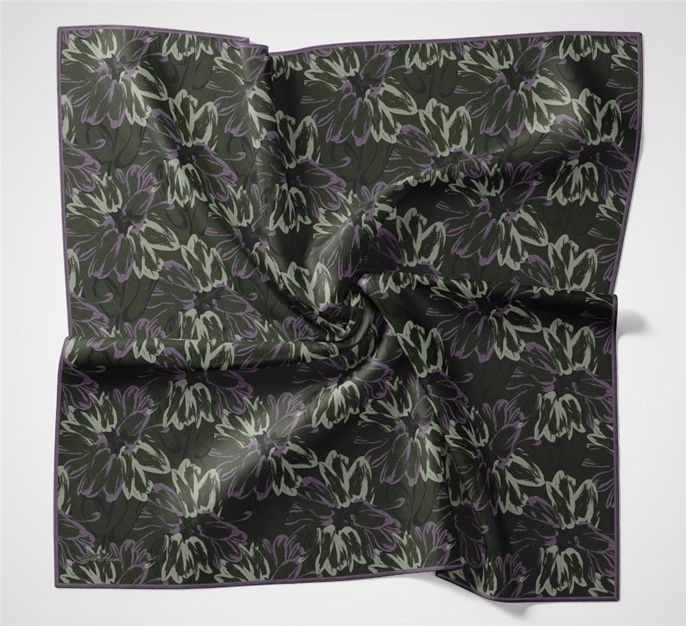 Pamuk Polyester Eşarp Kına Yeşili-Eflatun Mor Su Yeşili Botanik Desenli Soft Dokulu Tok Duruşlu 90x90