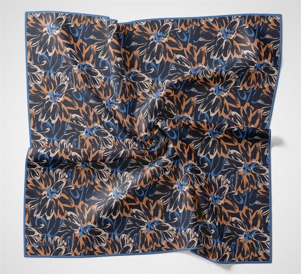 Pamuk Polyester Eşarp Koyu Lacivert-Mavi Krem Turuncu Botanik Desenli Soft Dokulu Tok Duruşlu 90x90