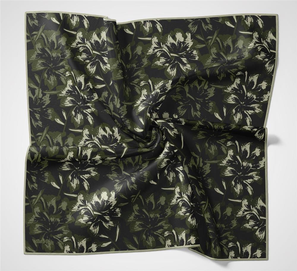Pamuk Polyester Eşarp Koyu Siyah Büyük Papatya Desenli Soft Dokulu Kaymaz 90x90