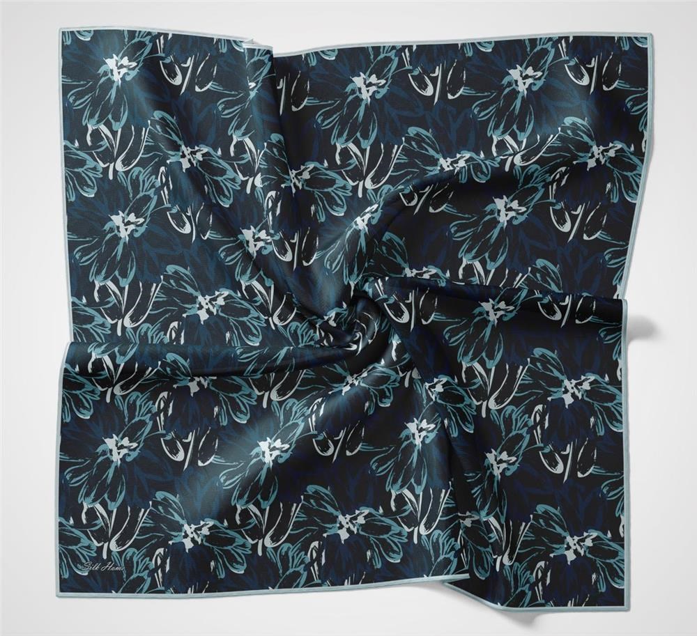 Pamuk Polyester Eşarp Lacivert-Çamgöbeği Beyaz Gece Mavisi Botanik Desenli Soft Dokulu Tok Duruşlu 90x90