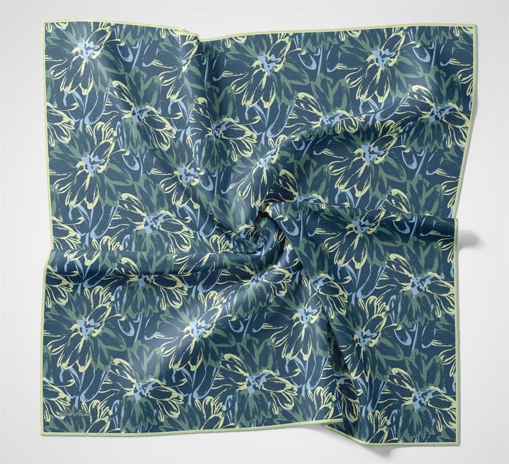 Pamuk Polyester Eşarp Mavi-Butter Yellow Bebe Mavi Pastel Yeşil Botanik Desenli Soft Dokulu Tok Duruşlu 90x90