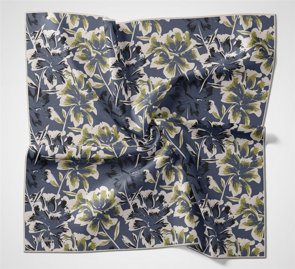 Pamuk Polyester Eşarp Mavi Büyük Papatya Desenli Soft Dokulu Kaymaz 90x90