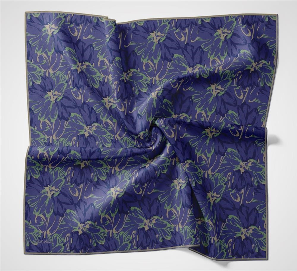 Pamuk Polyester Eşarp Saks-Karamel Yeşil Lacivert Botanik Desenli Soft Dokulu Tok Duruşlu 90x90