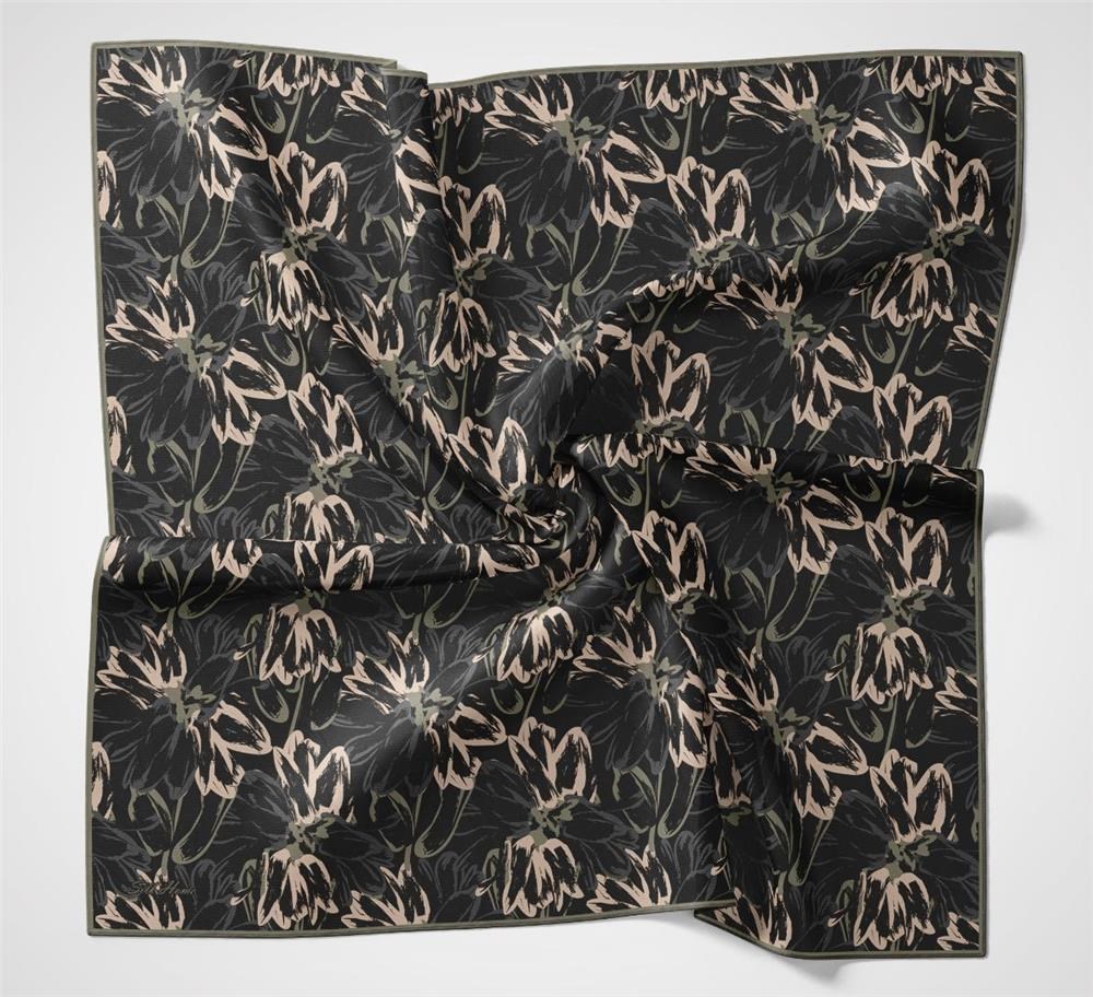 Pamuk Polyester Eşarp Siyah-Antrasit Bej Yeşil Botanik Desenli Soft Dokulu Tok Duruşlu 90x90