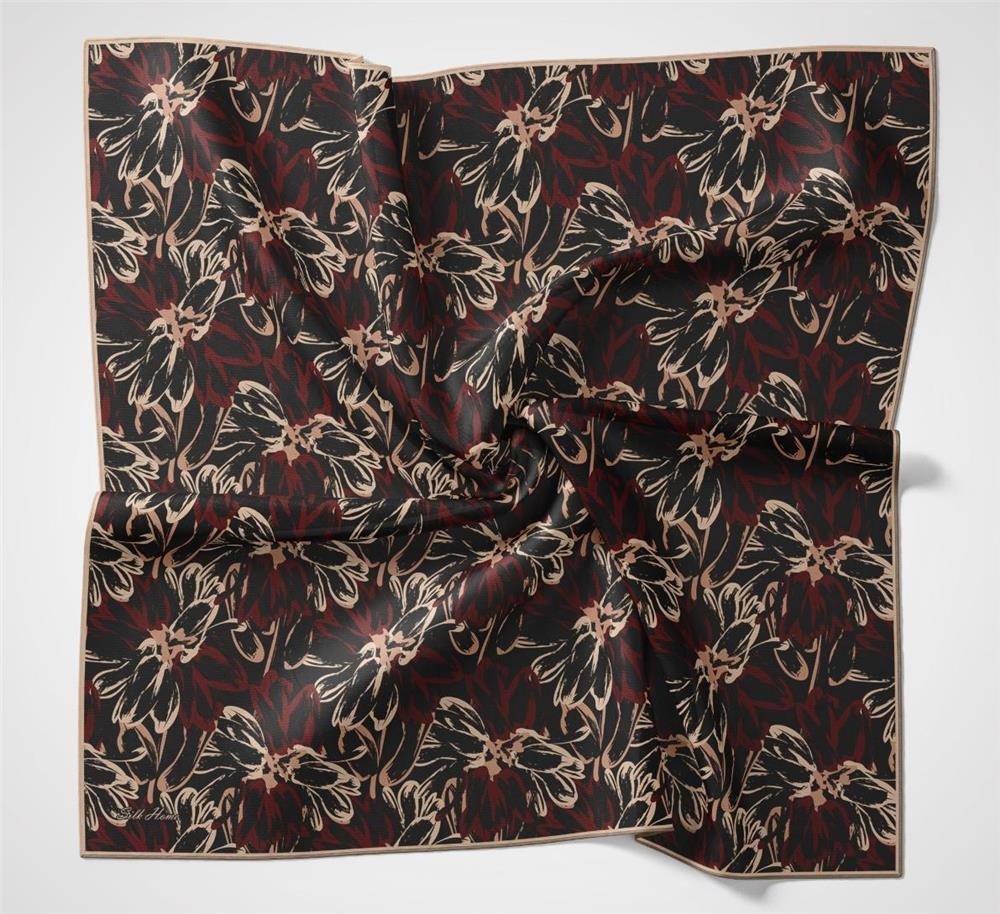 Pamuk Polyester Eşarp Siyah-Bordo Bej Kavuniçi Botanik Desenli Soft Dokulu Tok Duruşlu 90x90